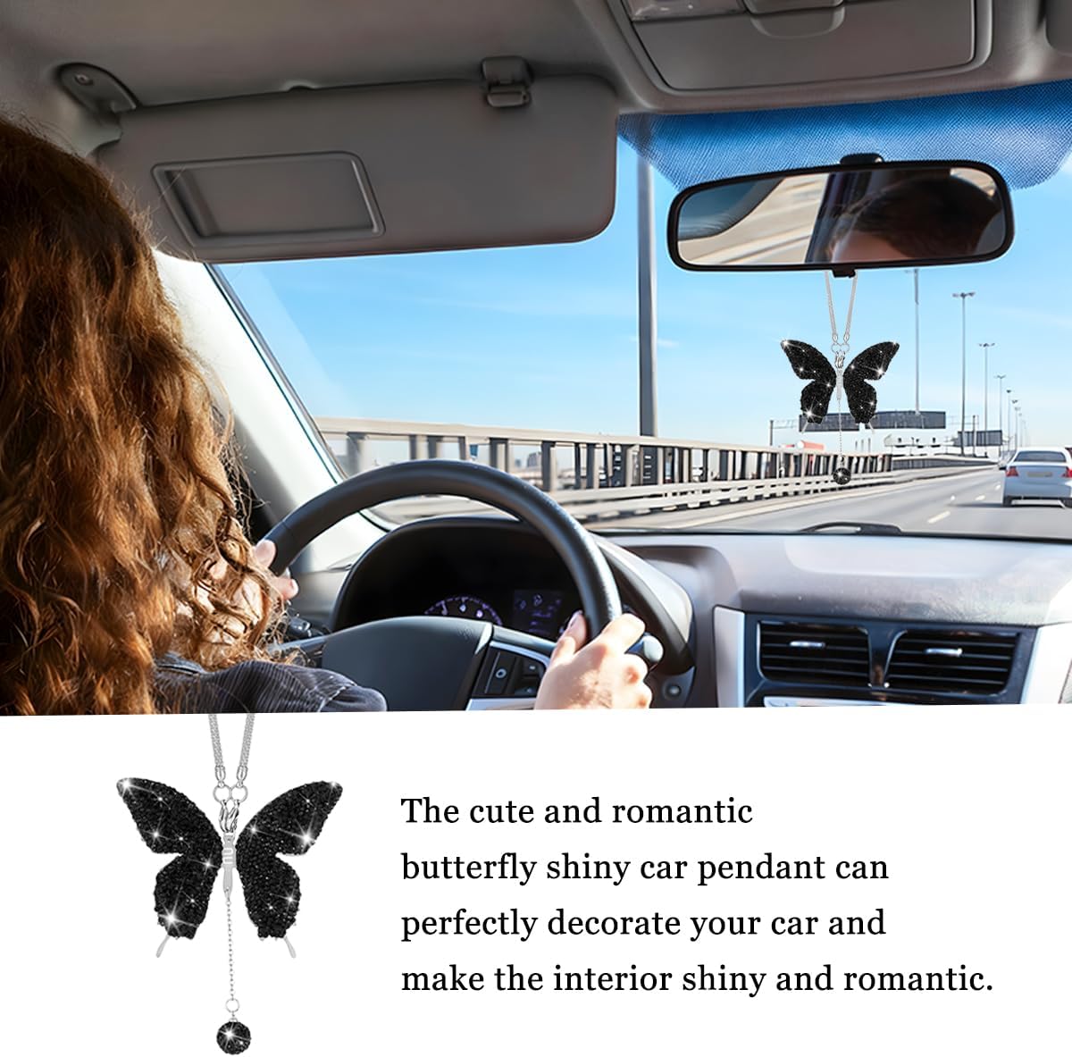 Bling Butterfly Car Accessories, Crystal Rhinestone Vehicle Rear View Mirror Hanging Ornament Pendant Decor, Diamond Automotive Interior Decoration Charms for Women, Universal Fit (Black)
