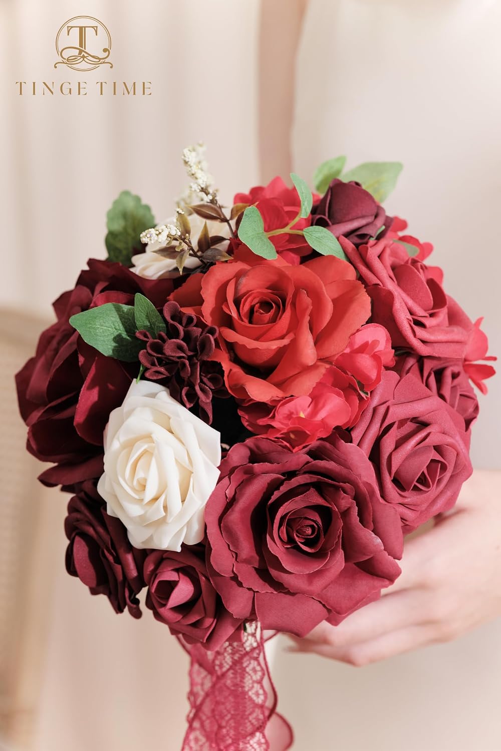 TINGE TIME Burgundy Bridesmaid Bouquets Set of 4 for Wedding Wedding Bouquets 7 Inch Artificial Silk Flowers Bridal Bouquets for Bridesmaids, Wedding Decor, Anniversary, Party