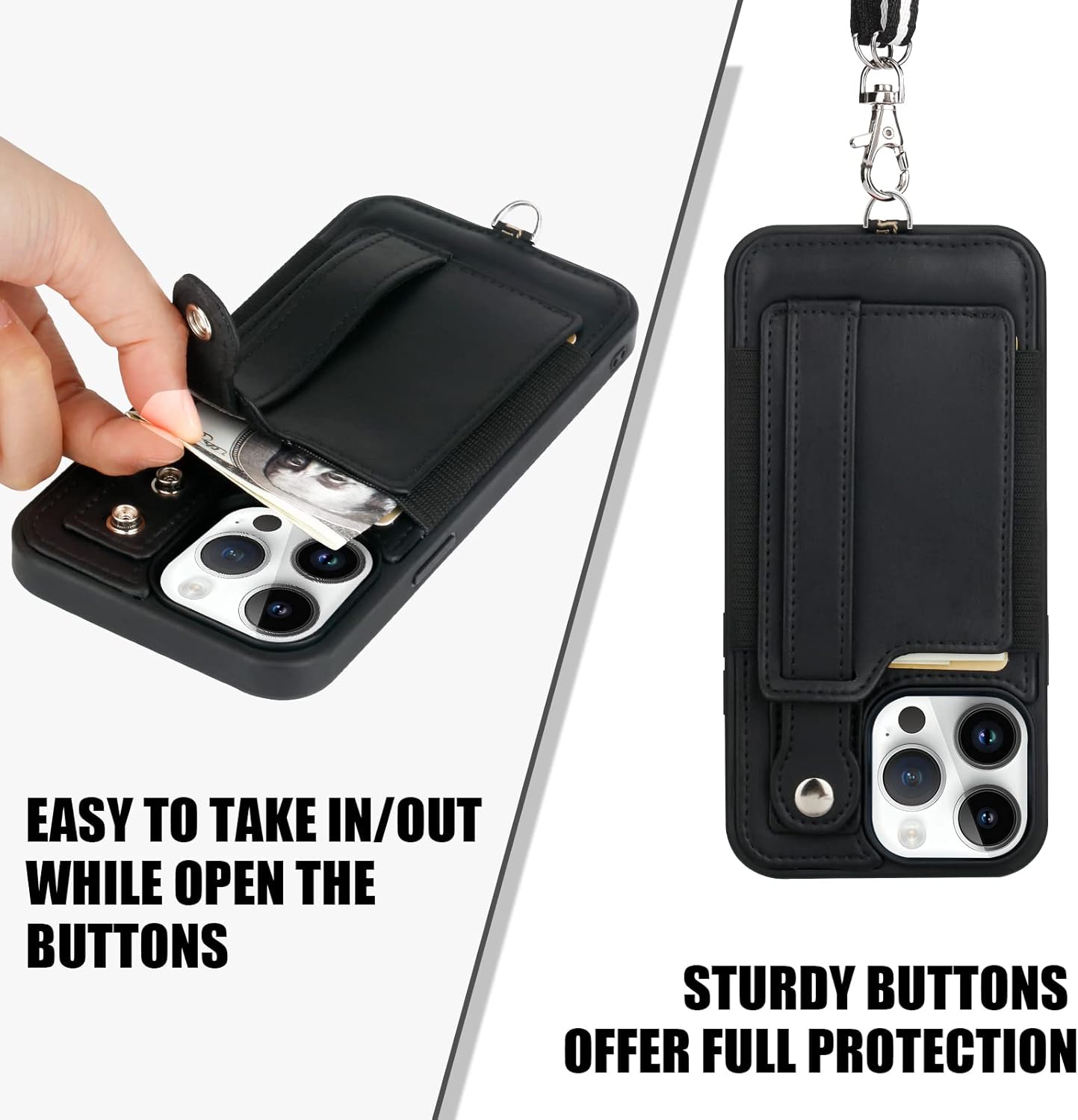 TOOVREN Wallet Case for iPhone 14 Pro Max with Card Holder Lanyard Phone Cover fits iPhone 14 Pro Max Case with Wallet Strap Stand Leather Kickstand for Women & Men 6.7 Inch Black - Image 5