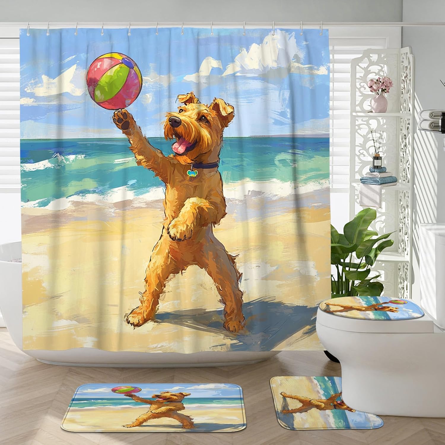 4PCS Airedale Terrier Dog Bathroom Accessory Sets with Non-Slip Rug, U Shape and Toilet Lid Cover Mat, Fun Puppy Beach Cartoon Kids Bathroom Decorative-72''x72''