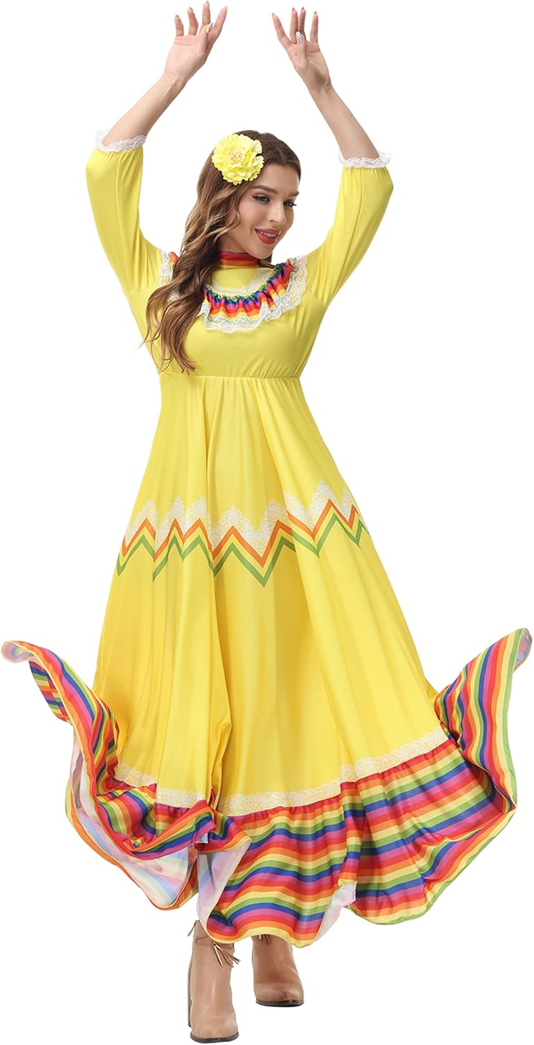 Women's Mexican Folklorico Dress Cinco De Mayo Traditional Lace Flower Senorita Dress Day of the Dead Costume - Image 2