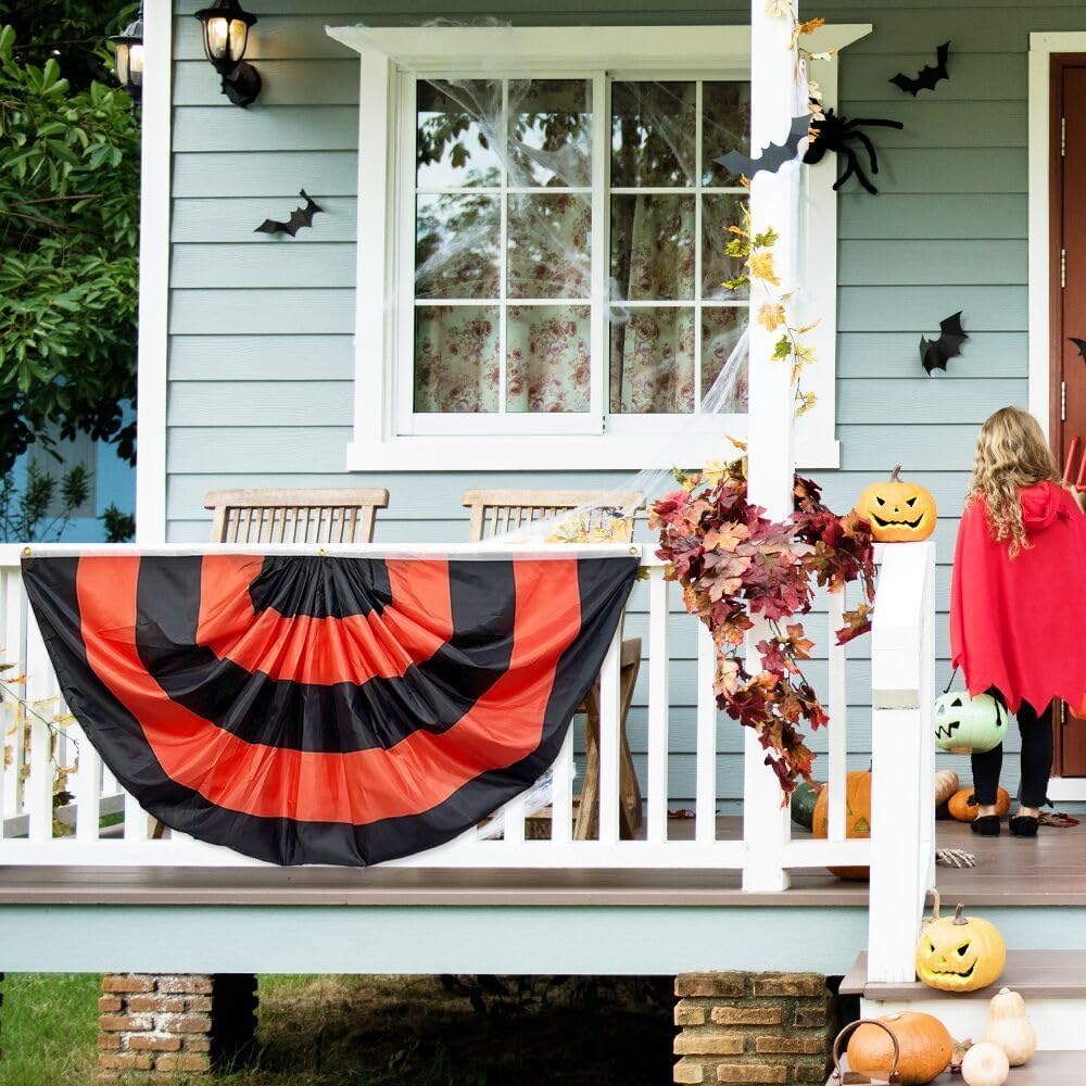 3x6 Ft Fall Pleated Fan Flag Bunting for Outside Garden, Halloween Half Fan Banner Flag with Brass Grommets for Harvest Indoor Outdoor Yard Decorations (Black) - Image 2