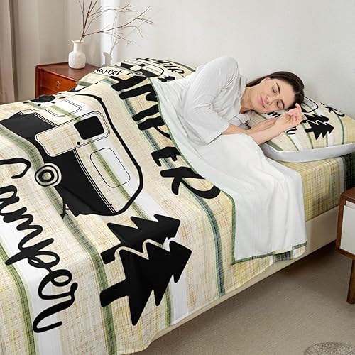 Miniatura 3 de Feelyou Juego de sábanas para cámper para niños y niñas, con sábana bajera ajustable de bolsillo profundo, juego de sábanas de camping feliz,