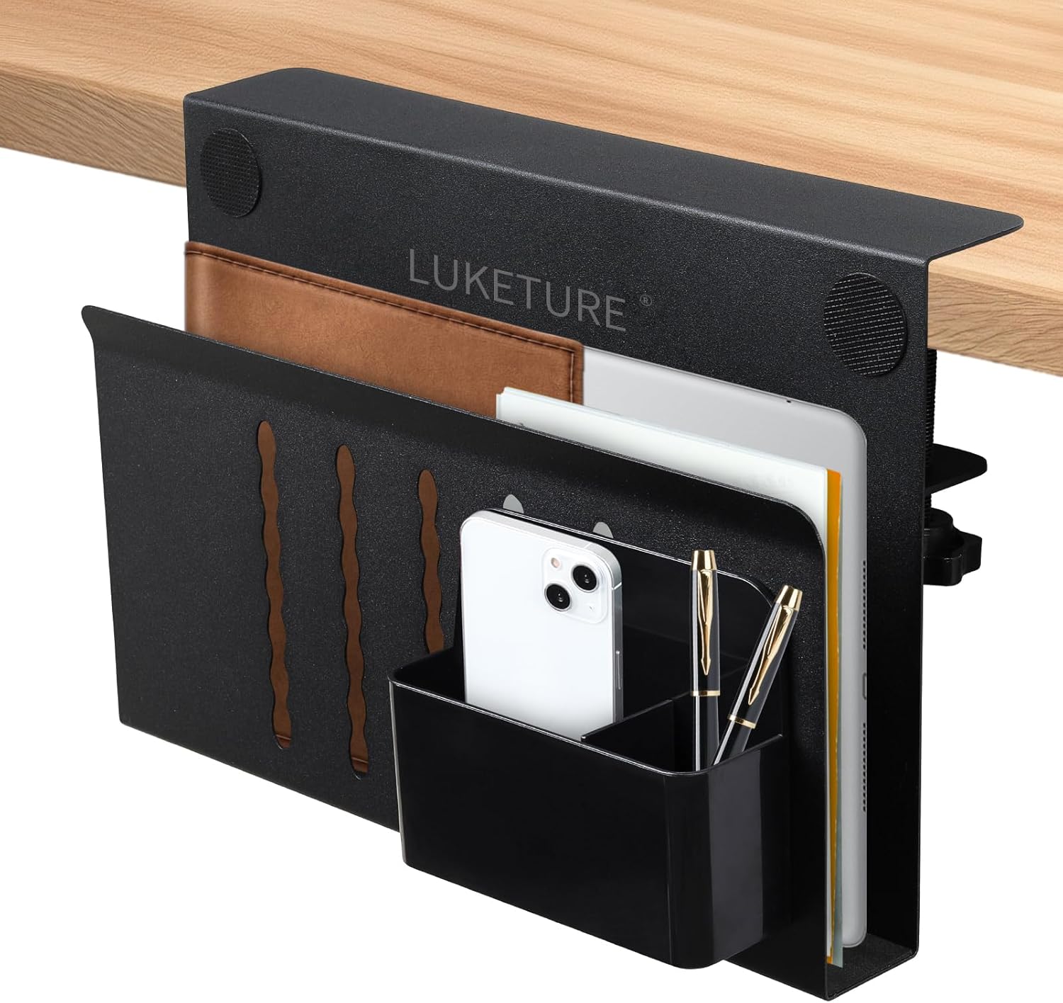 LUKETURE Laptop Holder, Steel Desk Side Storage, No Drill Standing Desk Accessories, Laptop Mount with Pen Holder, Back to School Supplies, Fits Flat Edge Tables 0.3" to 2.8" (Black, M(1 Tier))
