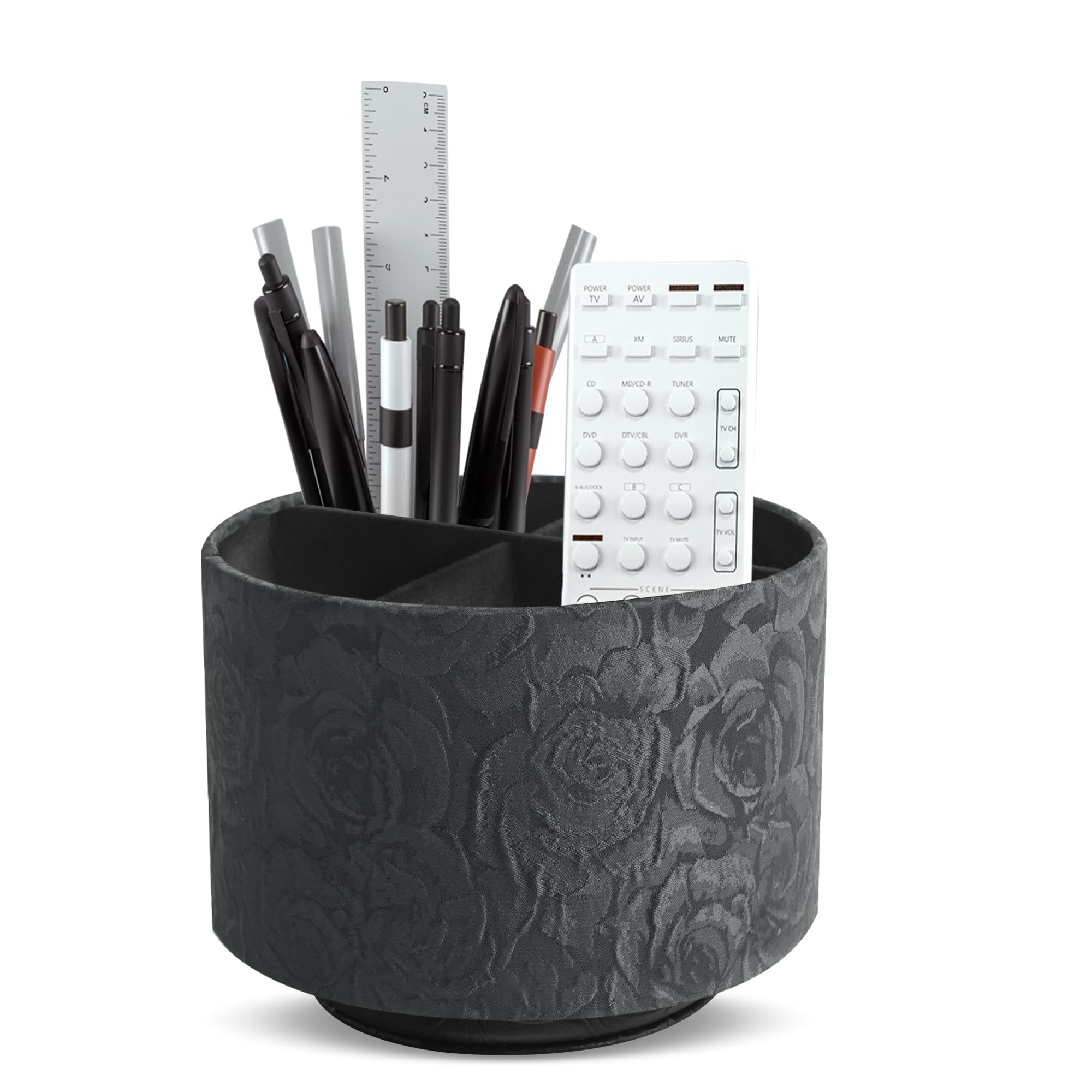 Czzmy Round Leather Art Supply Organizer,Remote Control Holder,360 Degree Spinning,Multi-Functional Pencil Holder,4 Compartments Desktop Stationary Organizer(1-3D Black Grey)