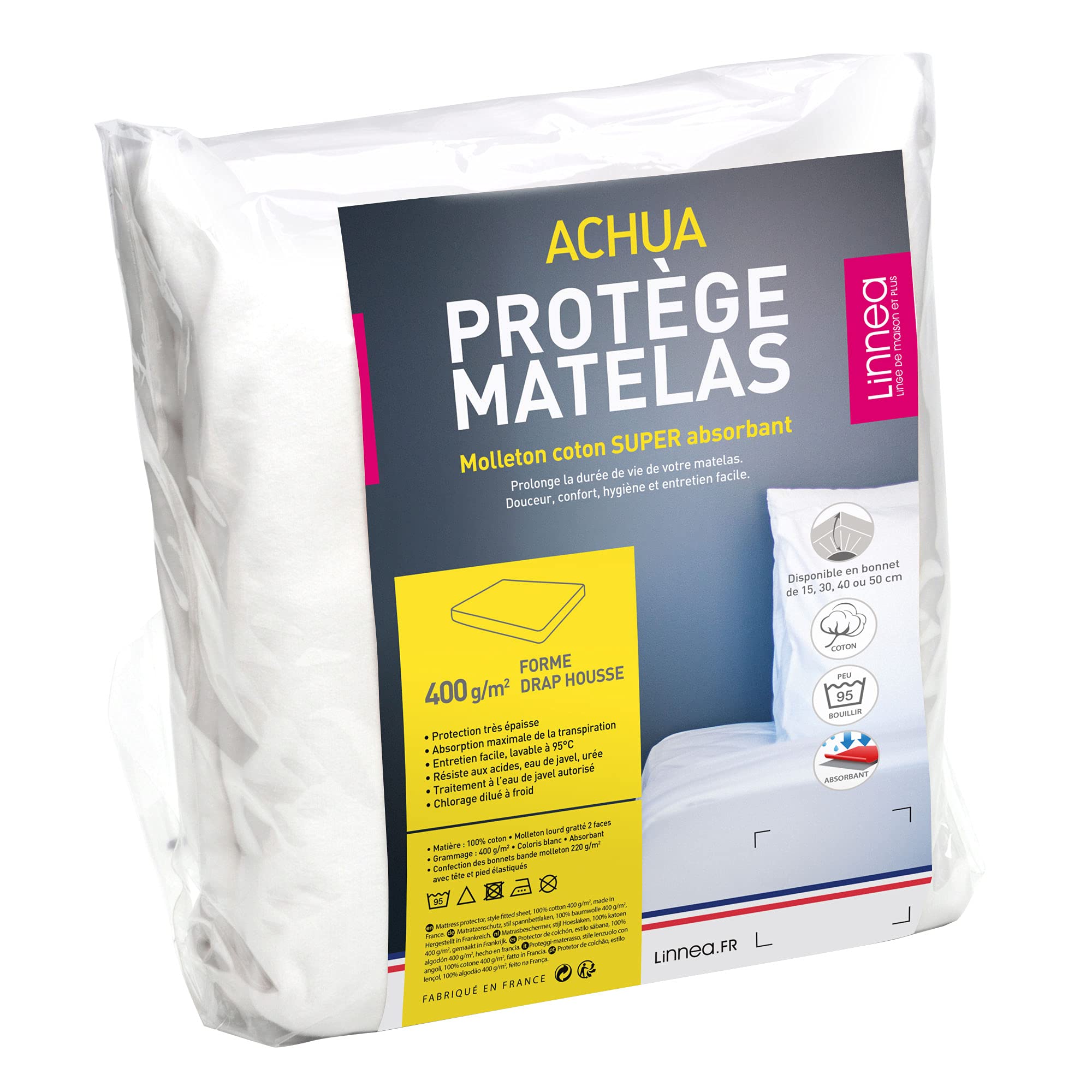 Linnea Protège Matelas 140x190 cm ACHUA Molleton 100% Coton 400 g/m2 Bonnet 40cm