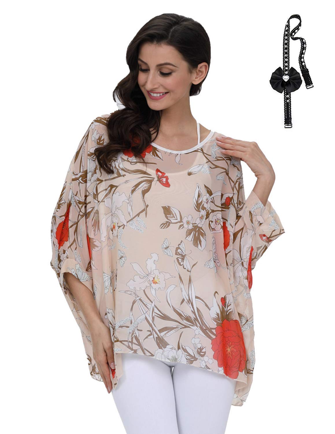sitengle Blusa de gasa de manga corta para mujer, de verano, con alas bohemias, para playa, informal, manga larga, camiseta holgada