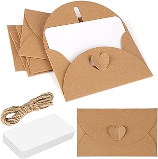 50 Stück Mini Briefumschläge Mit 100 Blanko Papier Karten, Kraftpapier Kleine Umschläge Mit Herz Verschluss für Geschenkkarten, Dankeskarten, DIY Graffiti
