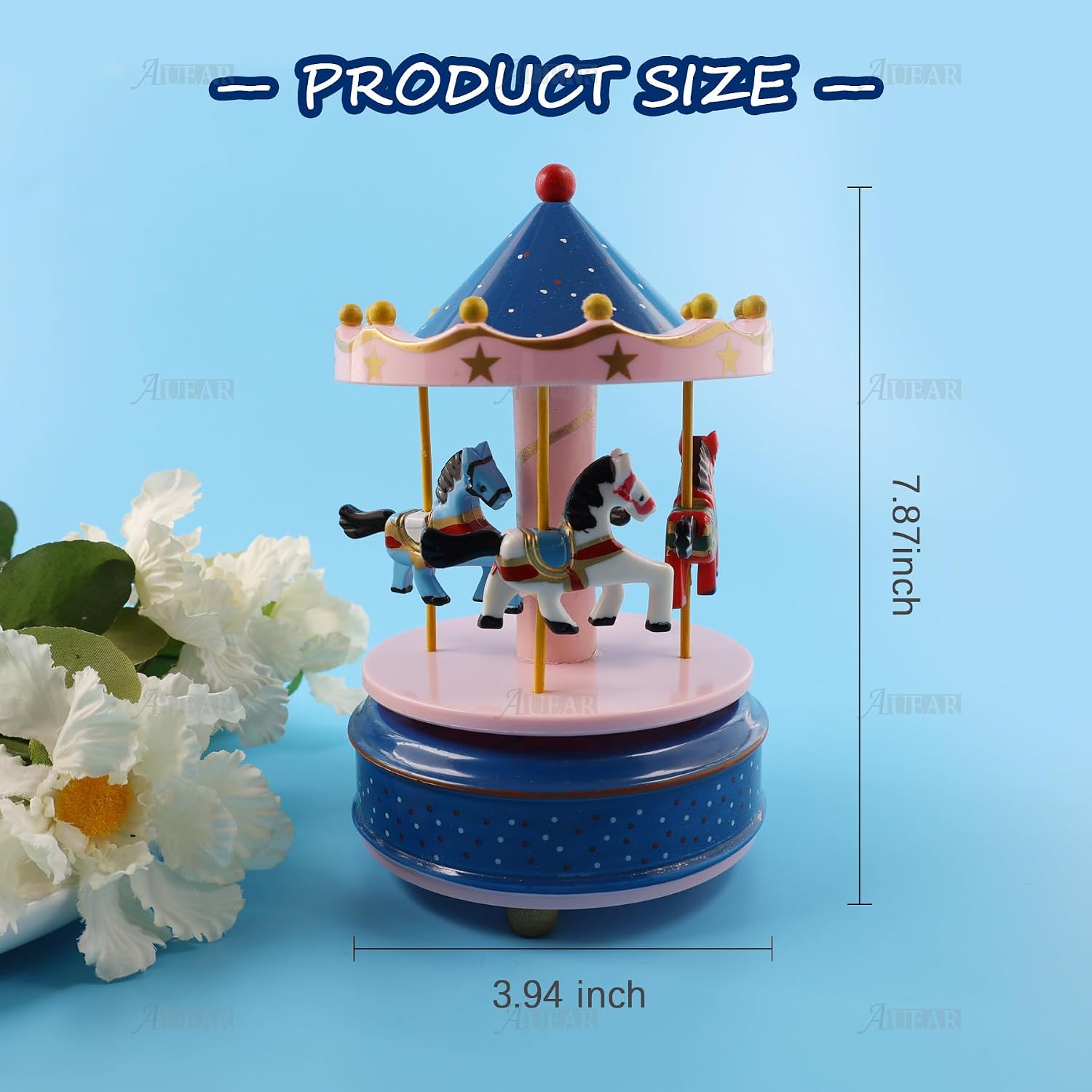 AUEAR, Vintage Pink Blue Carousel Music Box Round Clockwork Mechanism for Birthday