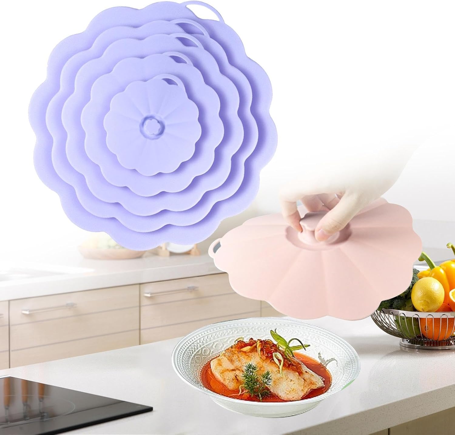 5x Silicone Lids Microwave Splatter Cover, Reusable Leakproof Sealing Lid Food Suction Lid for Fridge Top Skillets Pans, purple
