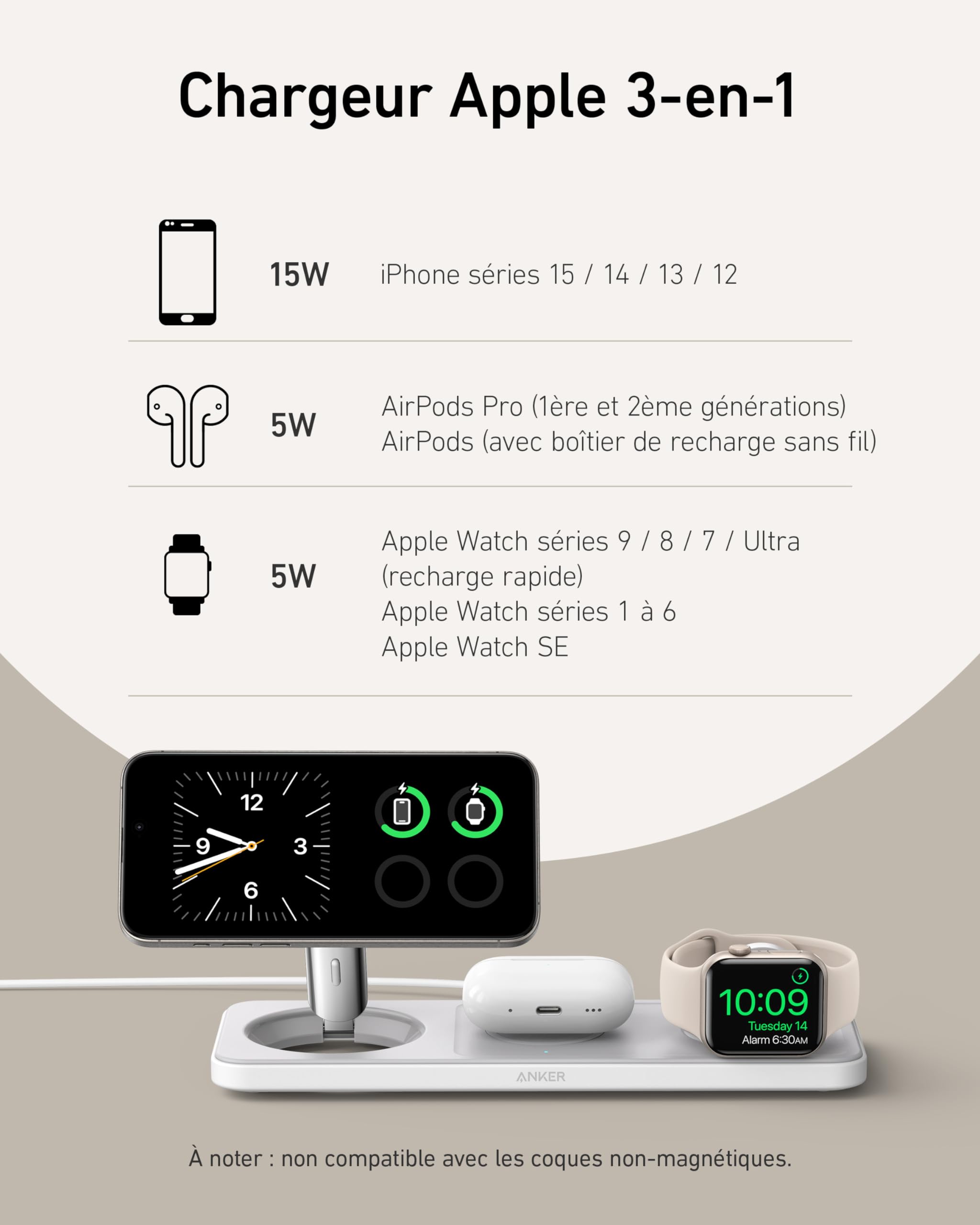 Anker Chargeur Induction iPhone 15W Station de Recharge à Induction 3-en-1 Pliable, Ultra Rapide Certification Qi2, pour iPhone séries 17/16, AirPods, Apple Watch(Chargeur USB-C et câble Inclus)