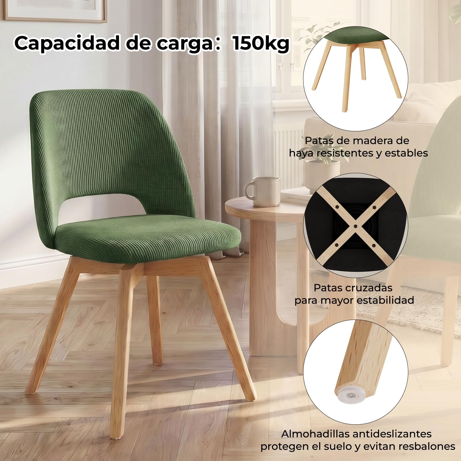 JIJIAN Juego de 2 Sillas de Comedor Giratorias 360° con Patas de Haya | Silla Acolchada Ergonómica, para Salón, Cocina, Dormitorio y Estudio, Verde
