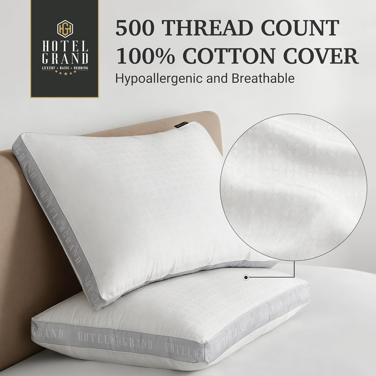 Hotel Grand Bed Pillows Queen Size Set of 2, 500 Thread Count Cotton Cover, Down Alternative Hotel Pillow for Side, Back, or Stomach Sleepers, Medium Firm Hypoallergenic 18”x26” - Image 3
