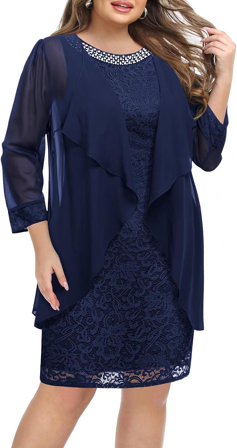 Plus Size Mother of The Bride Dress - 2 Piece Wedding Guest Formal Lace Dress with Jackets
