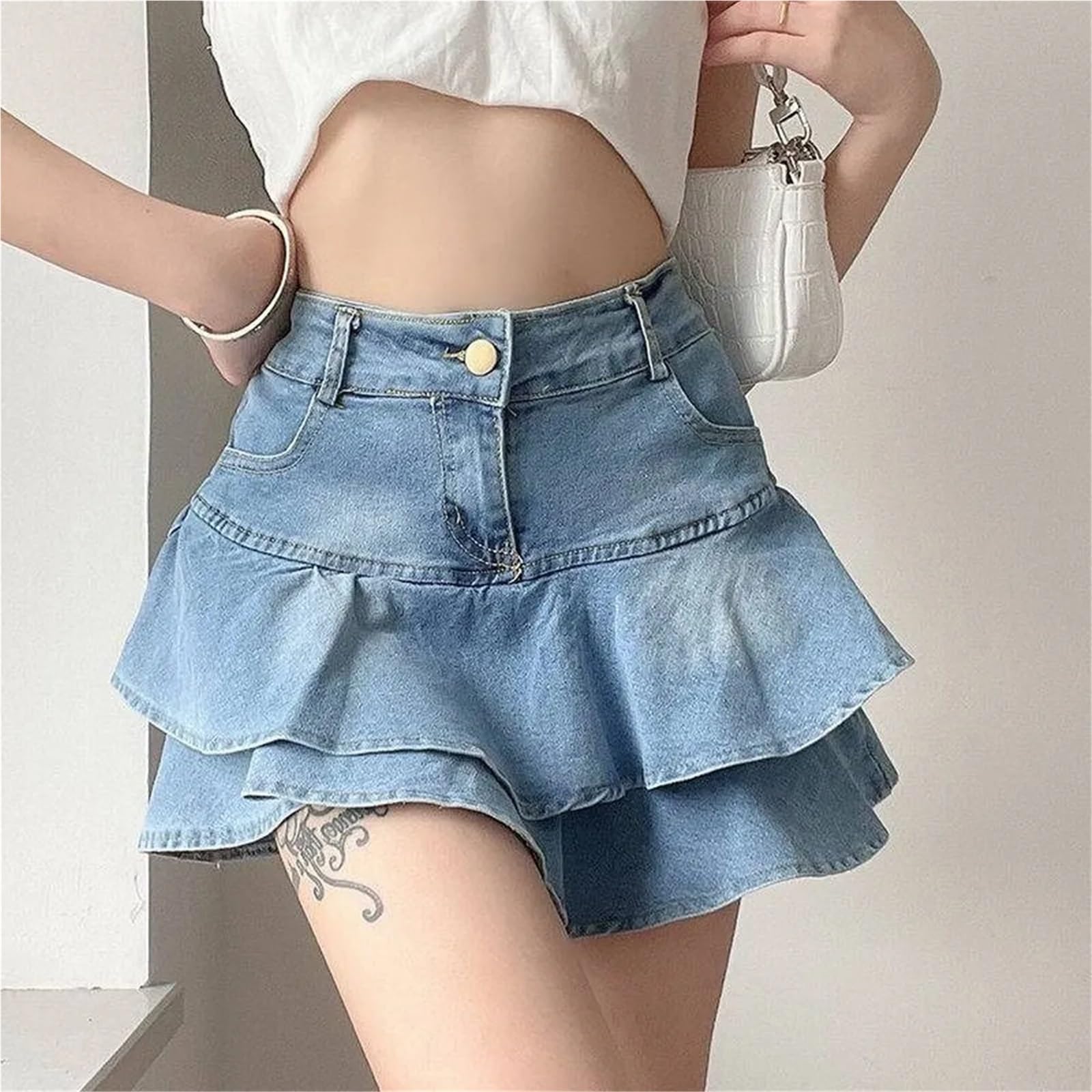 Pantaloncini con gonna in denim vintage Mini jeans da donna estivi a vita alta lavati a trapezio