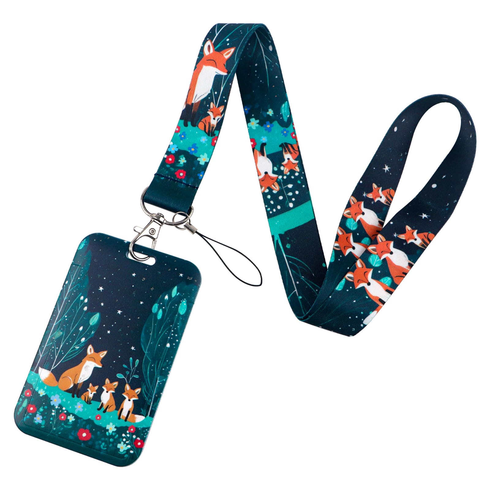 BKBKAAK Fox Badge Holder with Lanyard, Cute Animal Vertical Plastic Card Shell & Silky Neck Lanyards, Forest Fox Lanyard with Keychain for Kids, Girls