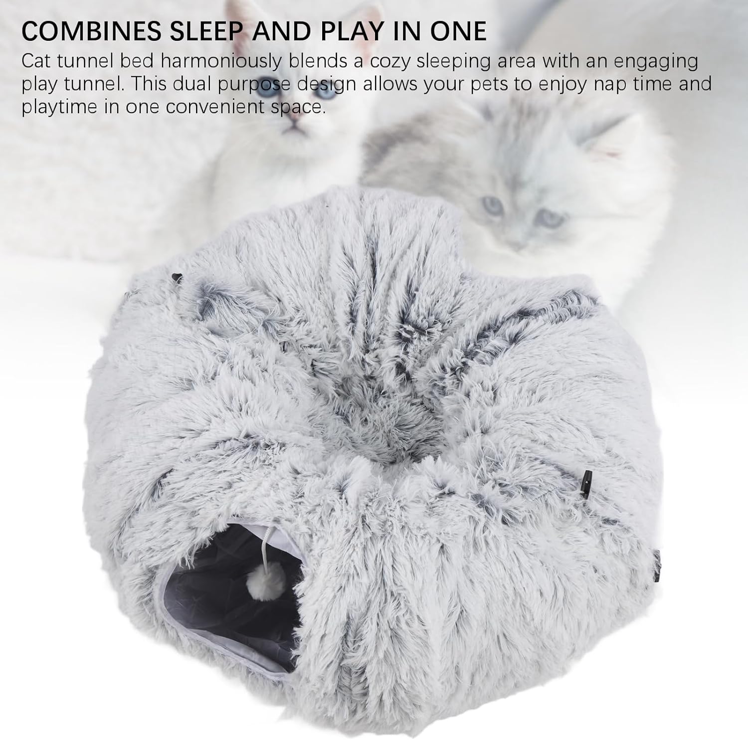 Foldable Cat Tunnel Bed, Soft Plush Cozy Round Pet Tunnel Toy Multifunctional Relaxing Bed for Kitten Puppy Rabbit with Convenient Foldable Design