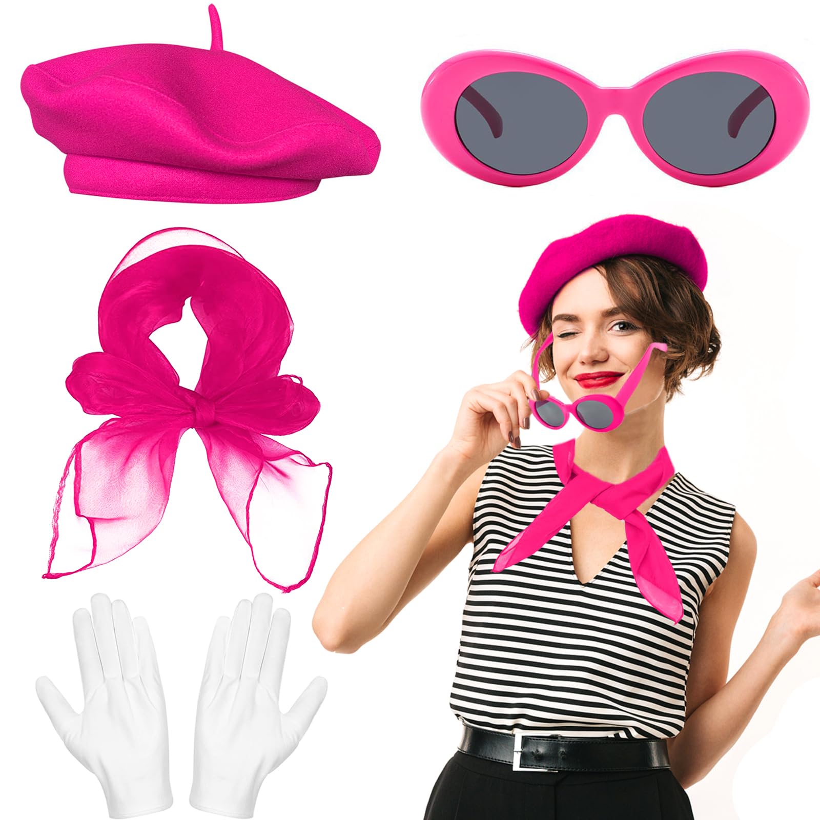 Beamely French Women's Accessories Set - Artist Mime Kit with Beret, Scarf, Sunglasses, Gloves for Girls Cosplay Party Supplies