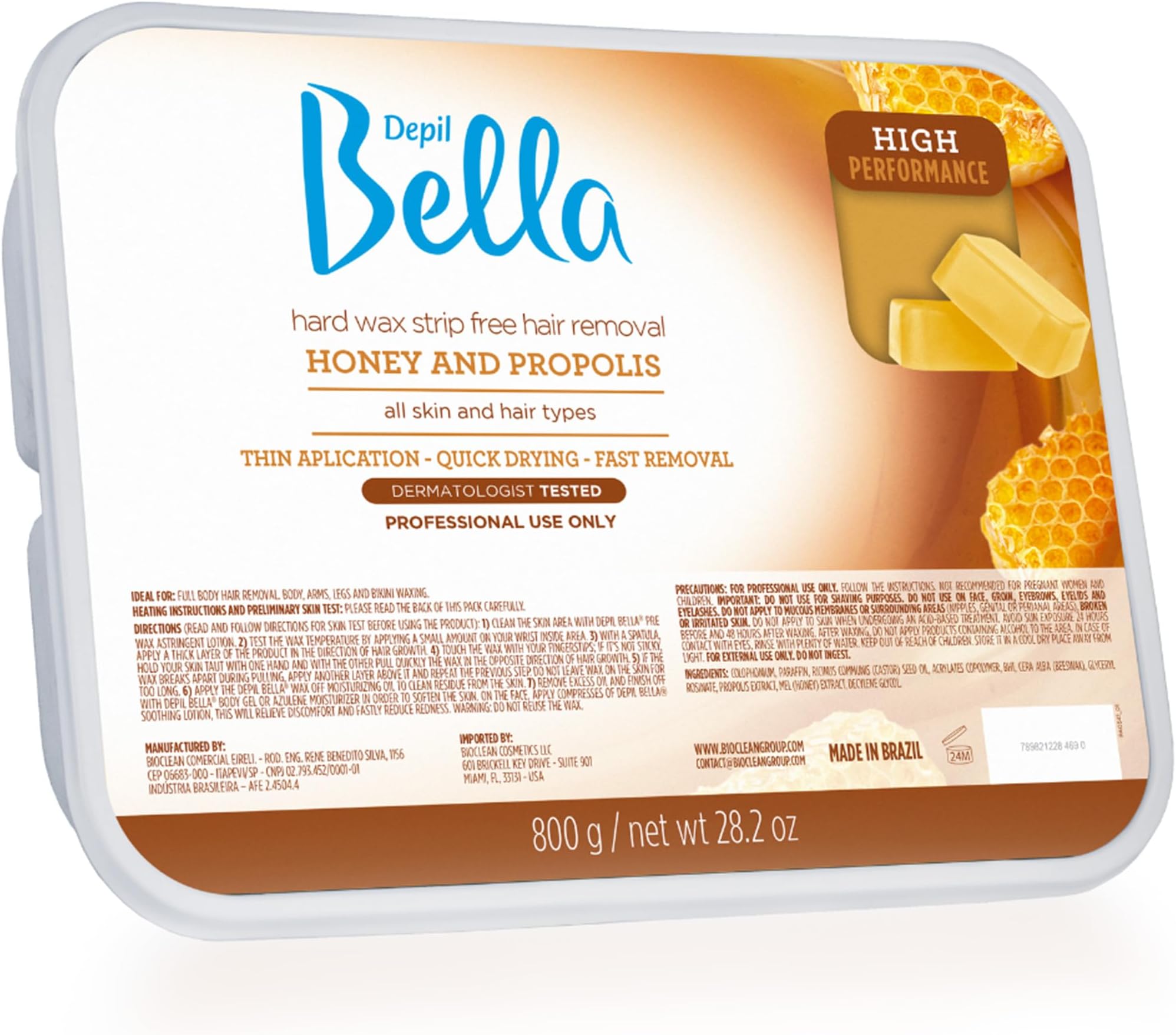 Depil Bella Honey Hard wax for Strip-free Hair Removal, High Performance Hair Removal Wax, Natural Honey Wax with Propolis, Suitable for All Skin Types, 28.2oz