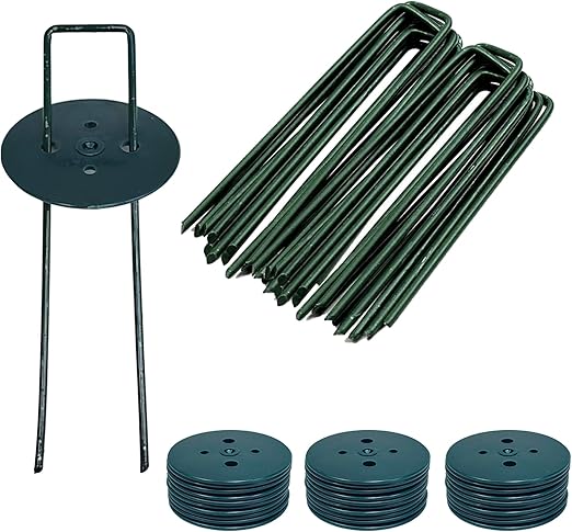 50 Pack 6" Inch Landscape Staples with Gasket Washer Caps - Metal Garden Stakes Landscape Fabric Stakes for Gardening, Landscaping, Sod Fence Yard Lawn Ground Weed Barrier Mat Pins (50, Green)