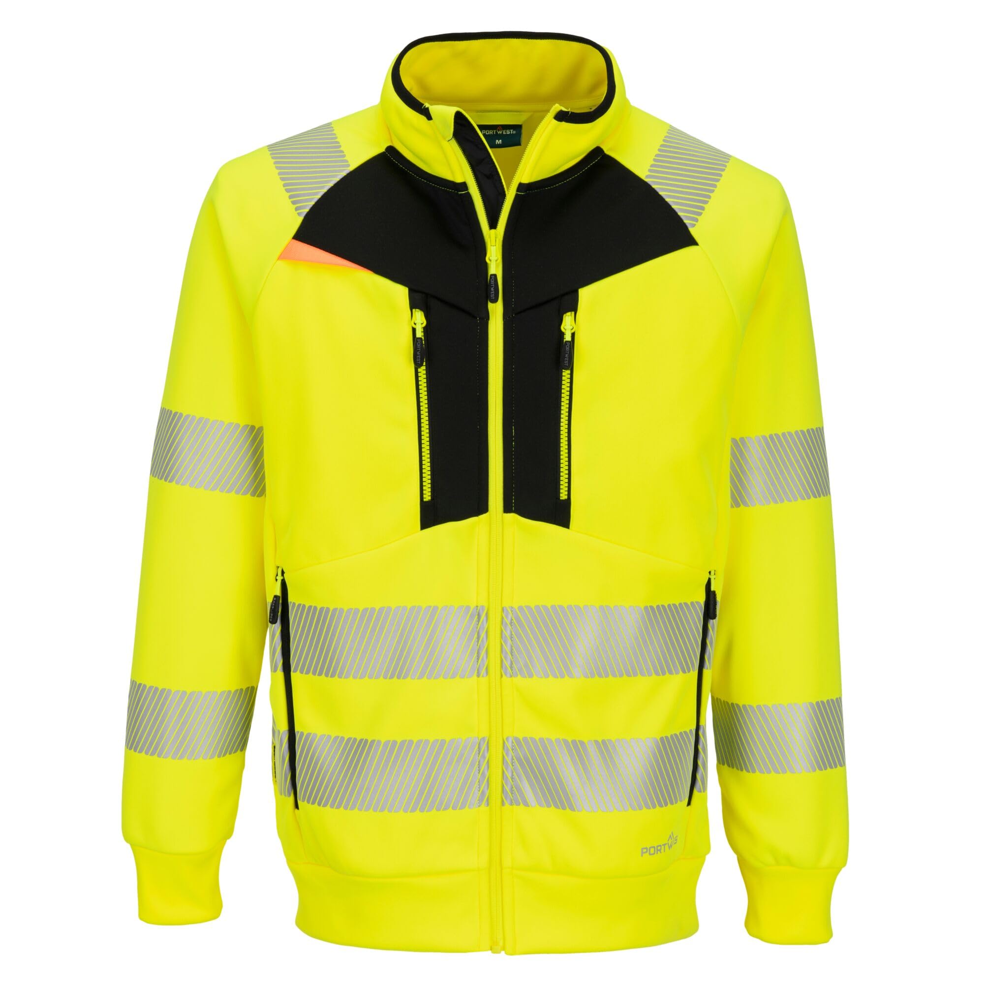 Portwest DX477 DX4 Hi Vis Funnel Neck Zipped Sweatshirt Work Safety Outerwear Bonded Polyester Fleece Segmented Reflective Tape Secure Pockets Adjustable Hood Ergonomic Fit Certified, Yellow/Black, L