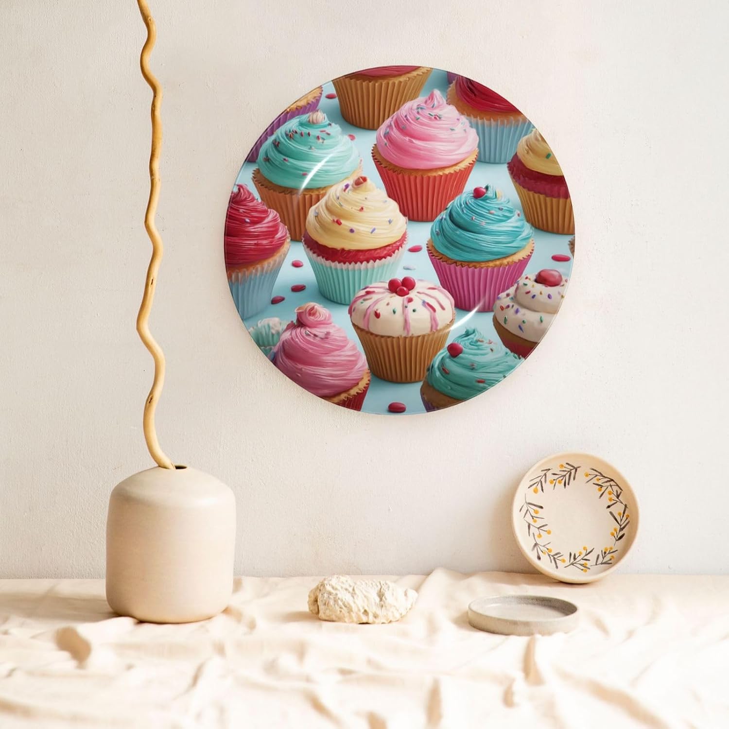 Decorative Plate 10in Bone China Dessert Plates with Display Stand Ceramic Ornament Ceramic Colorful Sweet Lollipop Cupcake Donut Decorative Plates Art Crafts Porcelain Plate for Home Club Living Room