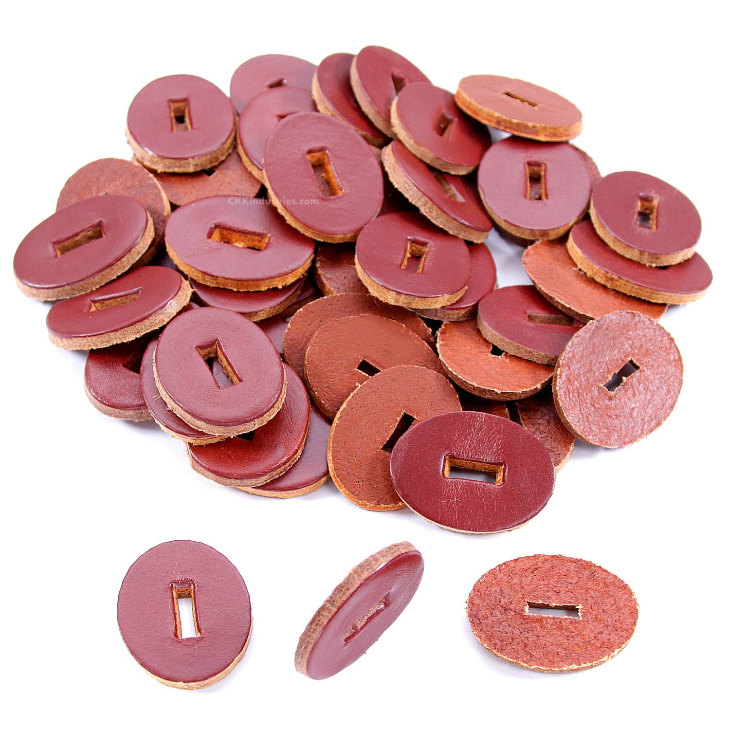 Cowhide Leather Handle Washers - Oval Shape - (1.30 x 1.00 x .125) - (Chestnut) - USA Made - (for Knife Making & Hobby) - (50 Pack)