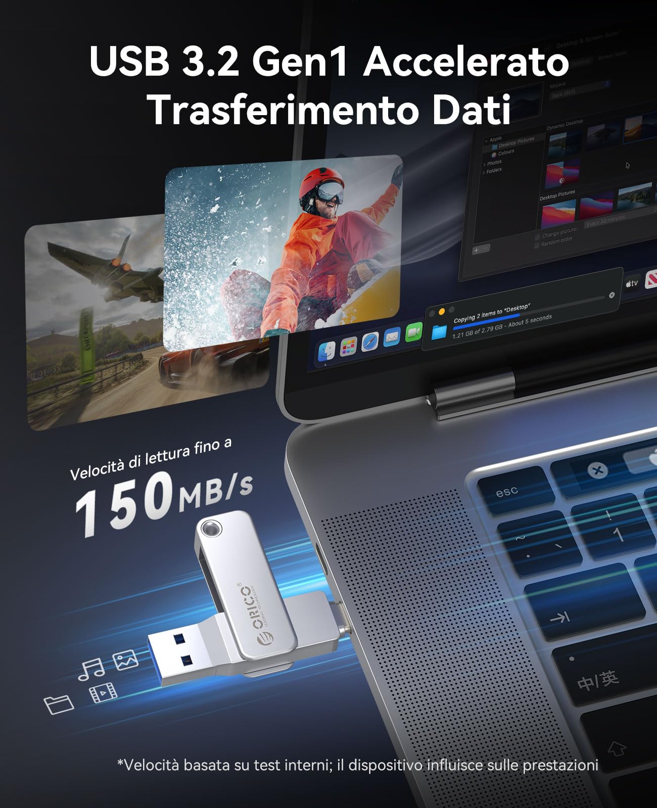 ORICO Chiavetta USB 256 GB, Mini Chiavetta USB 3.2 Gen 1 (Doppia USB-C/USB-A), Pen Drive Portatile, Lettura 150 MB/s, Compatibile con iPhone 15/16/17, Android, Tablet, Laptop -EB05