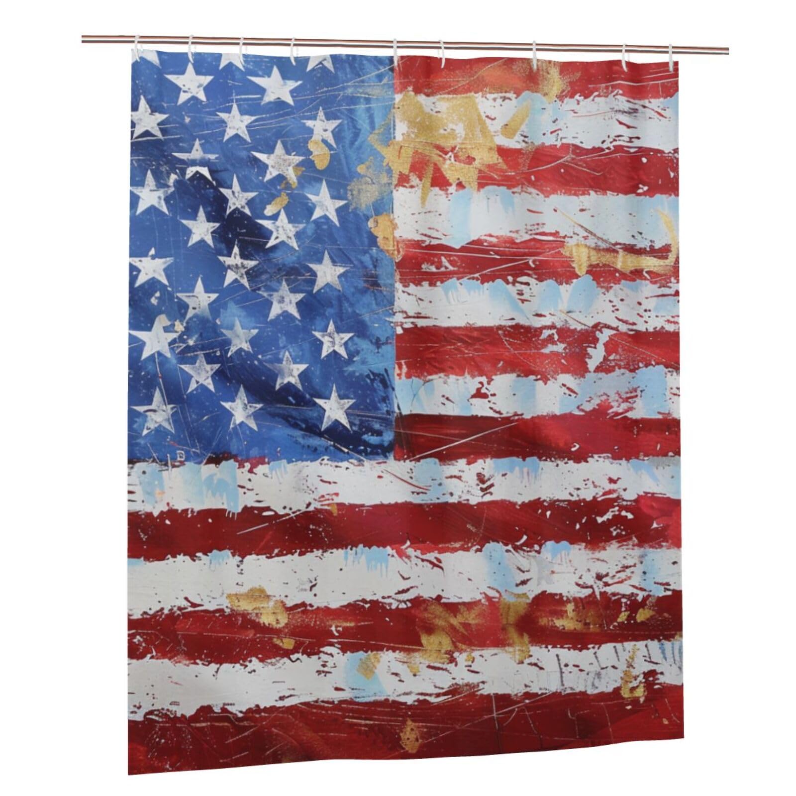 BWWHCCTI American Flag Independence Fourth of July Printed Shower Curtain With 12 Plastic Hooks Opaque Quick Drying Waterproof Shower Curtains Sets For Bathroom 152x183 Cm