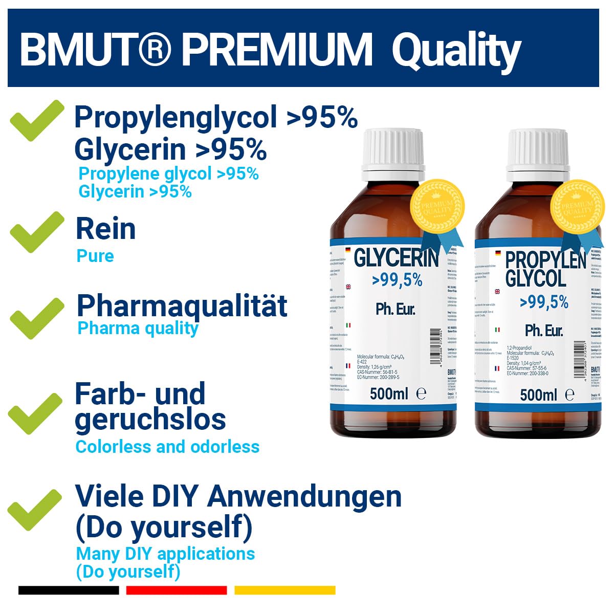 500ml Glycerin + 500ml Propylenglycol Set (500+500ml) in Pharmaqualität | >99,5% Reinheit | E422 + E1520 | Pflanzlich | DIY-Set