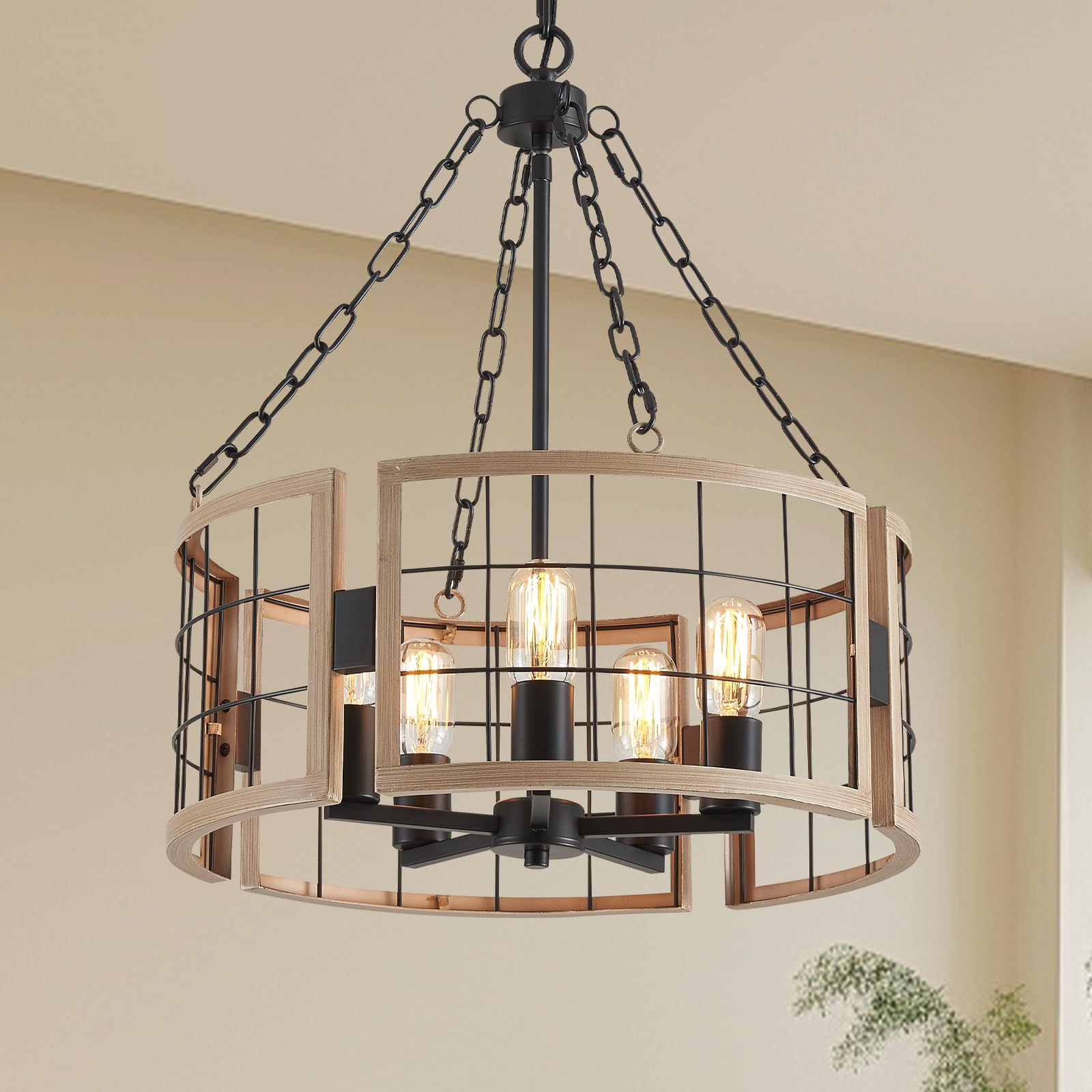 5-Light Modern Chandelier Lights Fixtures, Hanging Pendant Light 19" Round Faux Oak Grain Metal Cage Ceiling Lamp Height Adjustable for Living Room Bedroom Kitchen Dining Room
