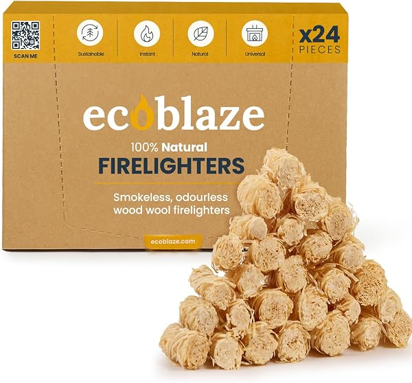 Ecoblaze Natural 24 Firelighters - Fire Lighters for BBQ, Pizza Oven, Fire Pits - Wood Wool Fire Starters - Perfect for Garden Life & Camping, Safe, Clean Wax Coated Instant Firestarter - 1