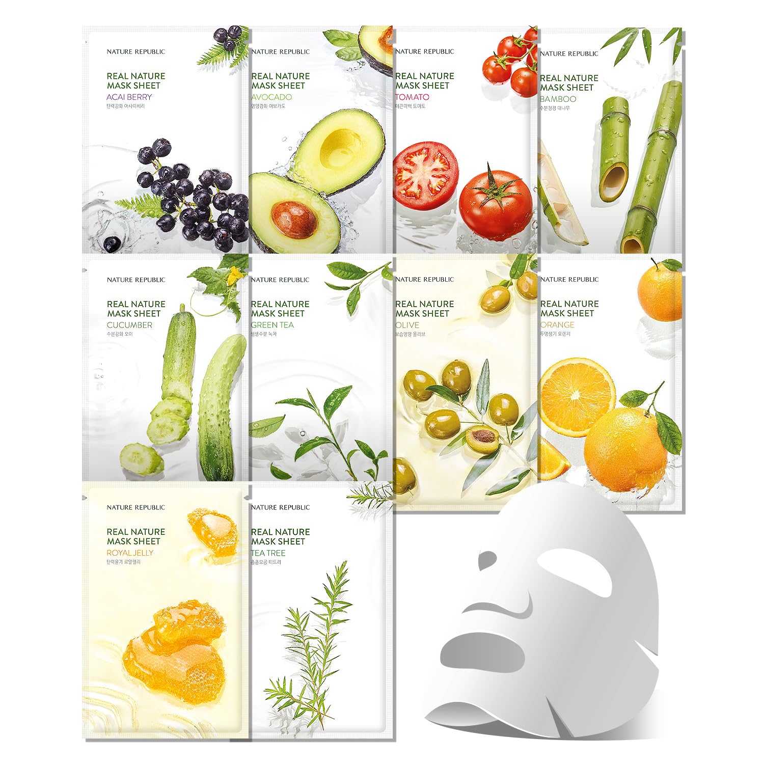 Real Nature Sheet mask set (10 Pack) | Moisturizing & Soothing Facial Masks with Natural Extracts, Moisture Barrier Support, Hydrating Skincare for All Skin Types, Korean Skin Care