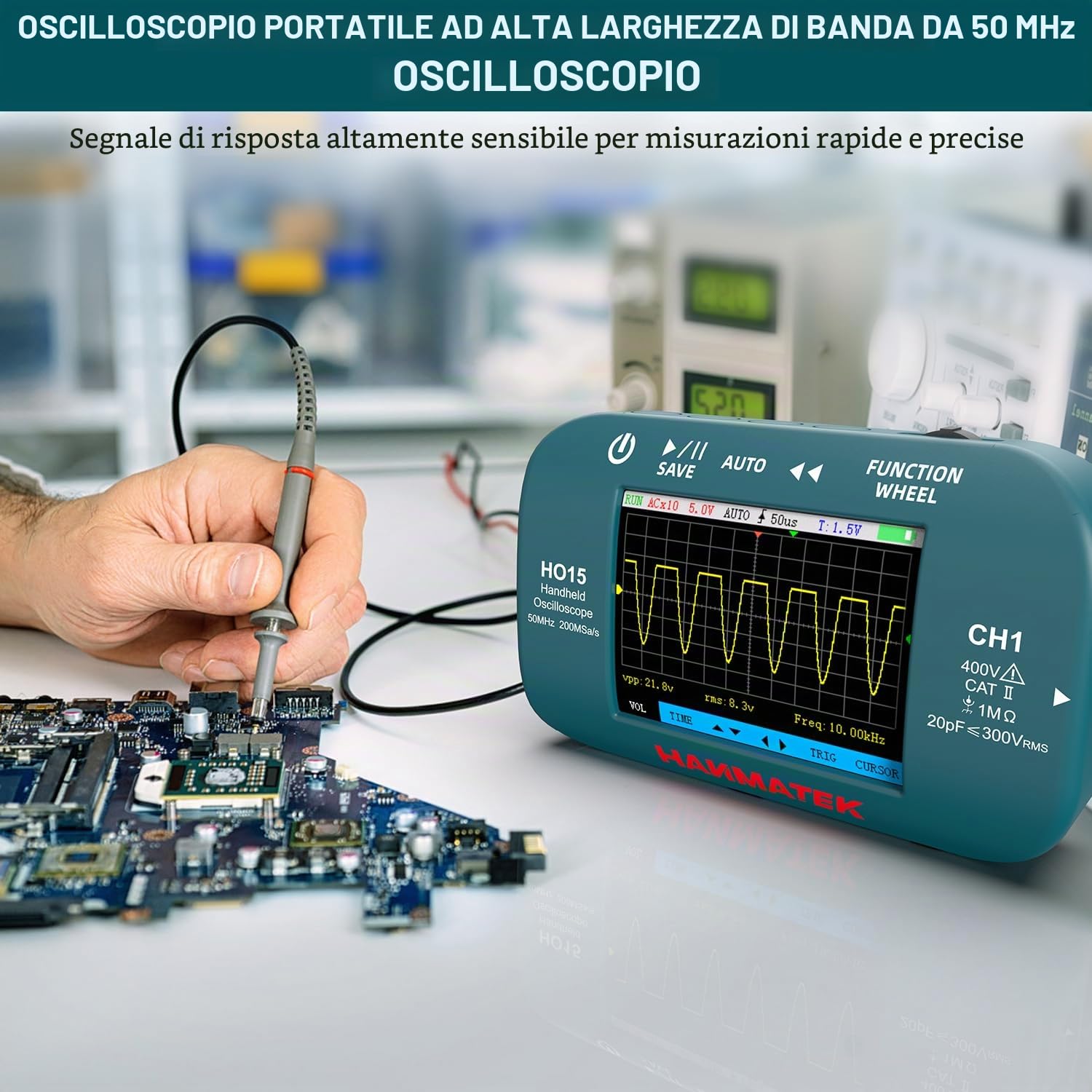 HANMATEK Oscilloscopio Digitale, Mini Oscilloscopio Portatile 50MHz 200MSa/s, 2 in 1 con Sorgente di Segnale, 2,8" TFT, Ricaricabile USB-C, HO15