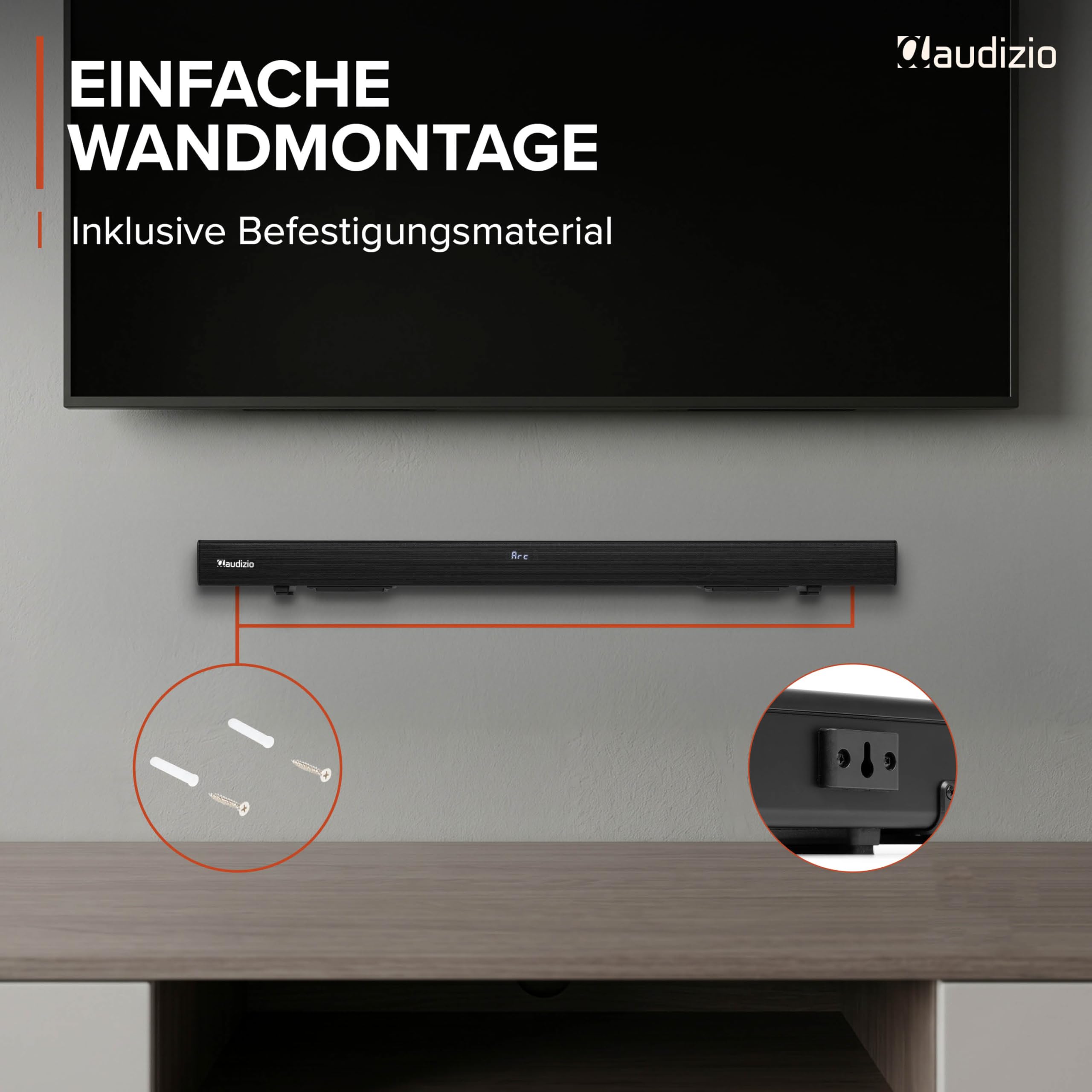 Audizio SB95 Soundbar für TV Geräte – Bluetooth 5.3, 120 Watt, HDMI ARC, Optisch, USB & AUX – Equalizer mit 3 Sound-Modi, TV Soundbar mit integriertem Subwoofer - Heimkino Soundsystem, 88cm - Schwarz