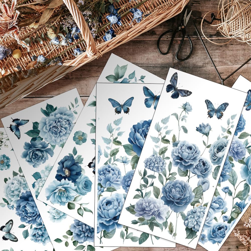 OLYCRAFT Set da 6 pezzi di fiori blu verdi strofinano sui trasferimenti per mobili e mestieri 15 x 30 cm farfalle decalcomanie per mobili decalcomanie per mobili e piante adesivi trasferimento con 1