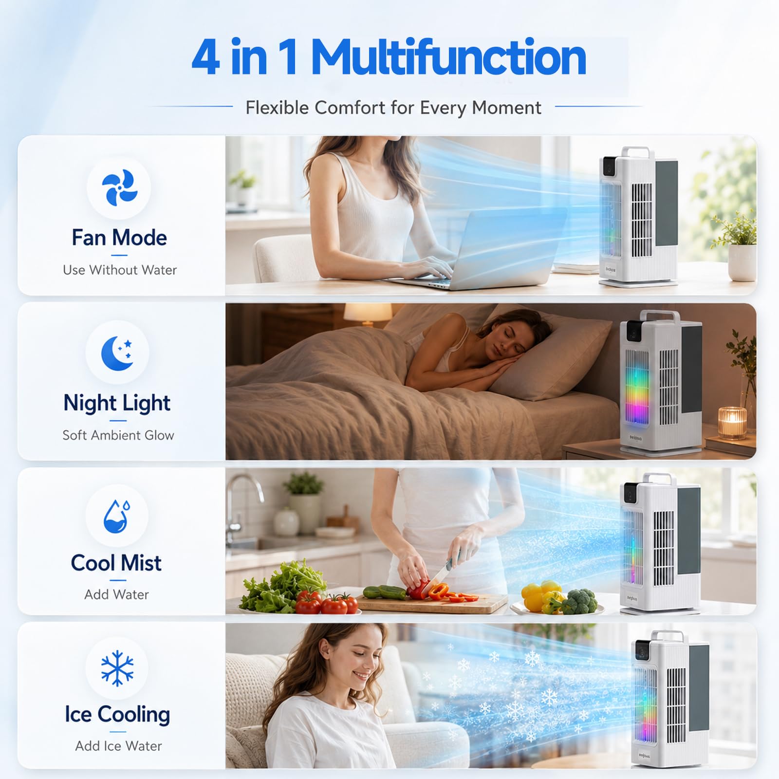 Refroidisseur d'air évaporatif 4-en-1,2L Ventilateur Rafraîchissant Portable avec Télécommande,Oscillation 120°,4 Vitesses 3 Brumisation,Minuterie 1-8H,pour Chambre Bureau Maison (Blanc, 2L)