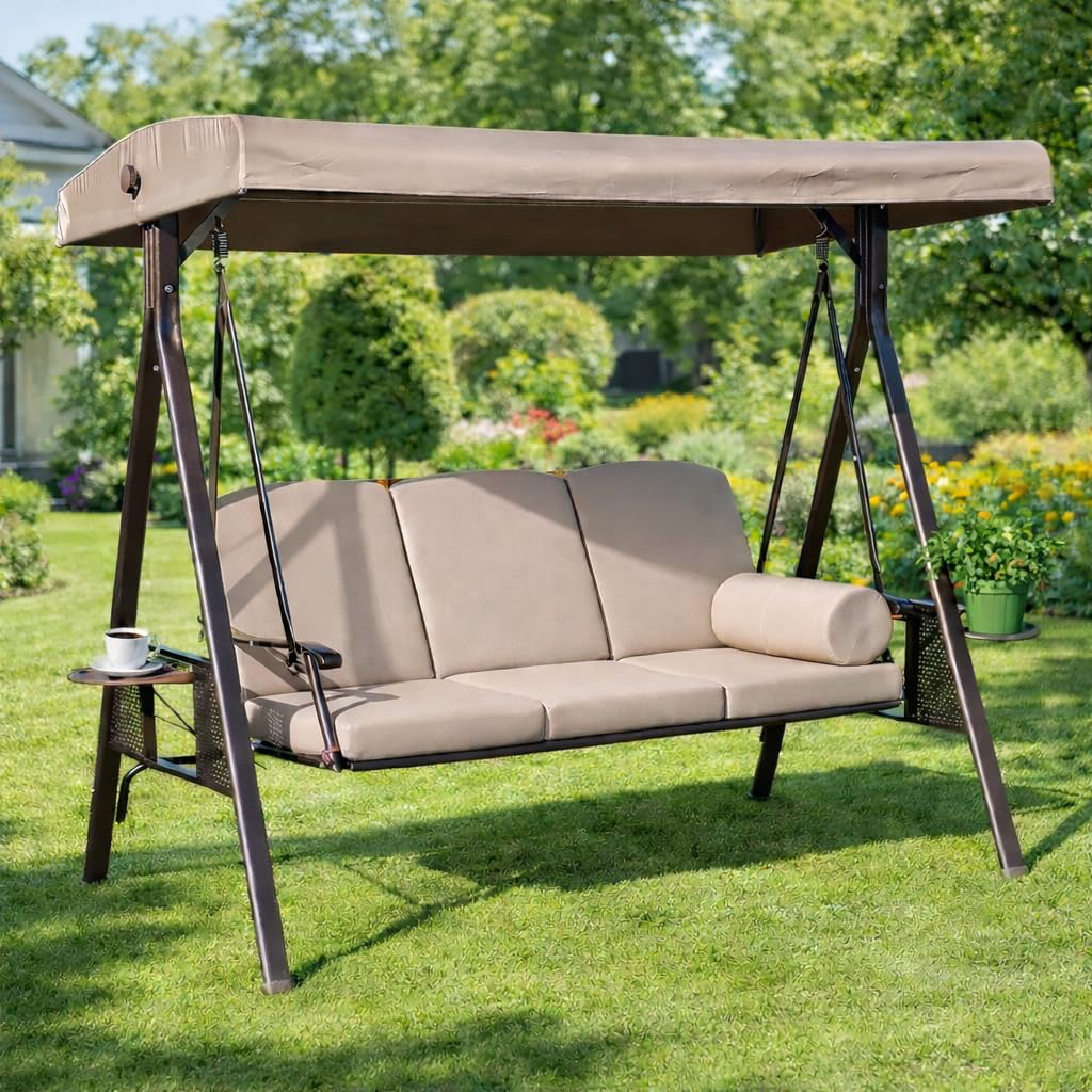 Invezo Luxury Outdoor Garden Swing 3 Seater Jhula with Cushion and Waterproof Roof (Jhula for Adults, Outdoor Swing for Kids) Cup Holder and Round Pillow, Khaki Color