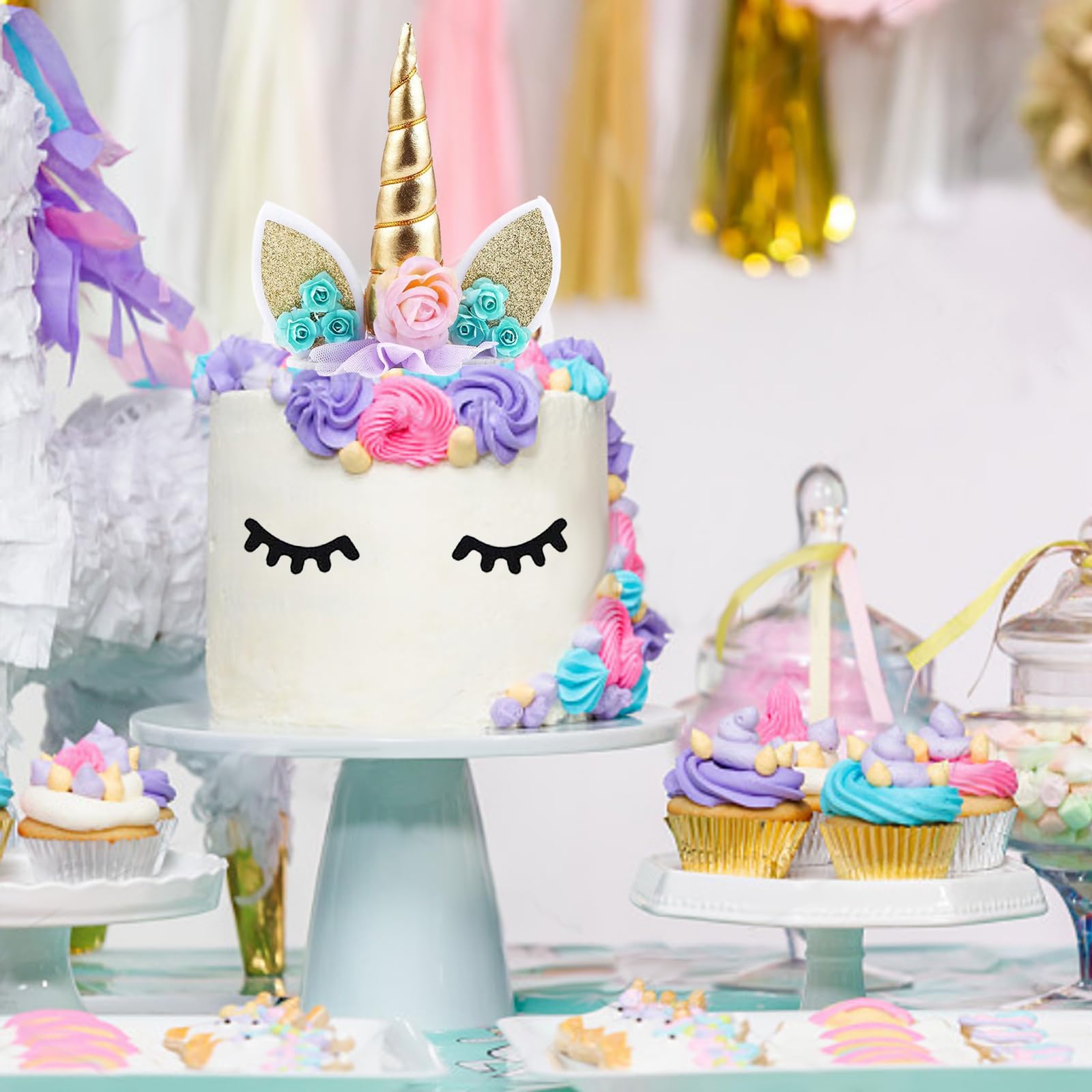 Topper Torta Unicorno Oro - Con Ciglia E Fiori, Decorazione Compleanno Per Bambini, Baby Shower