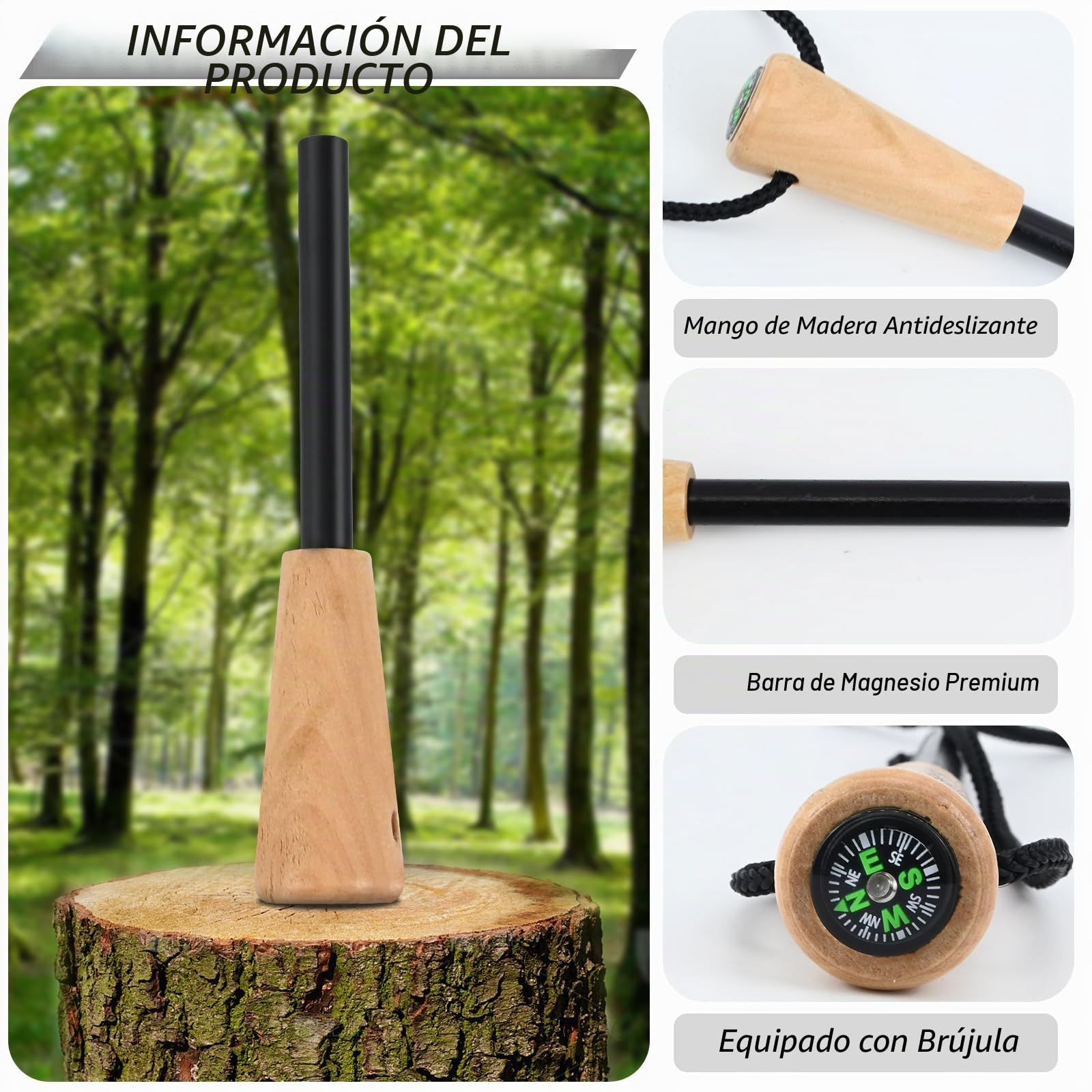 Kit magnesio multifunción negro iniciador fuego supervivencia brújula herramienta