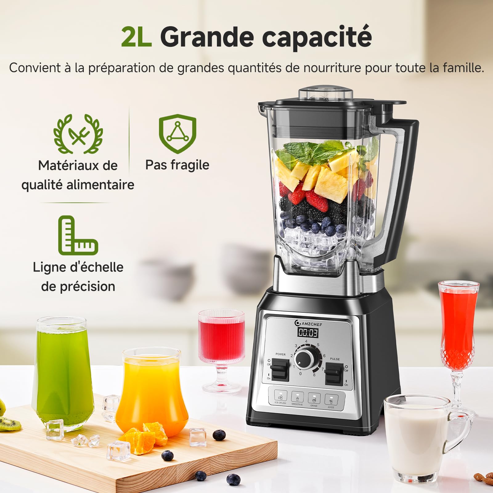 AMZCHEF Blender Professionnel 2000W, Mixeur Puissant 2L, 8 Vitesses & 4 Programmes, Blender Smoothie et Glace Pilée, 25000 Tr/min, 8 Lames Inox, Sans BPA pour Fruits Congelés et Cuisine