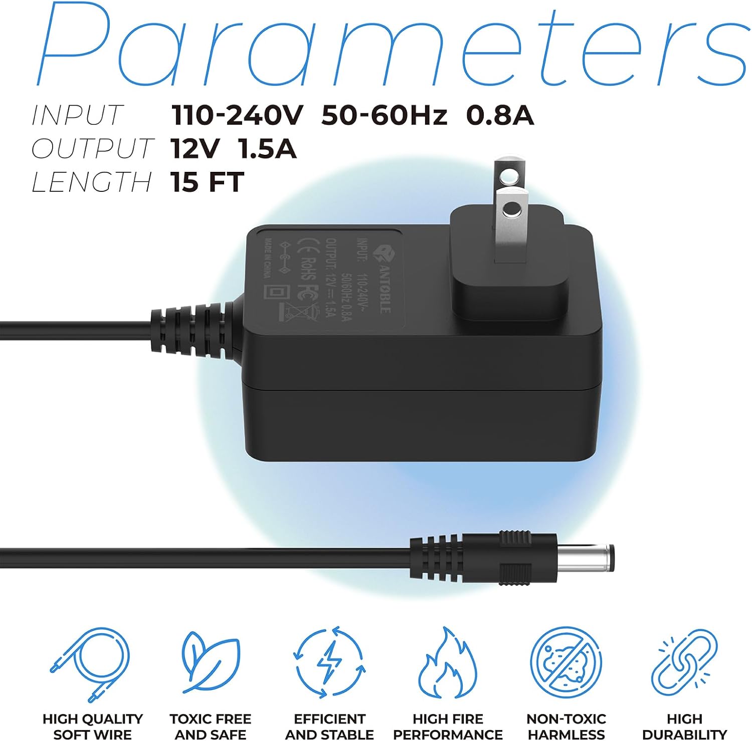 ANTOBLE 12V Power Supply for Char-Griller Gravity Fed 980 Replacement Power Adapter Part for Akorn Auto Kamado E6480 Charcoal Grill Power Cord for Chargriller Grill Charger Cord, 15 Ft
