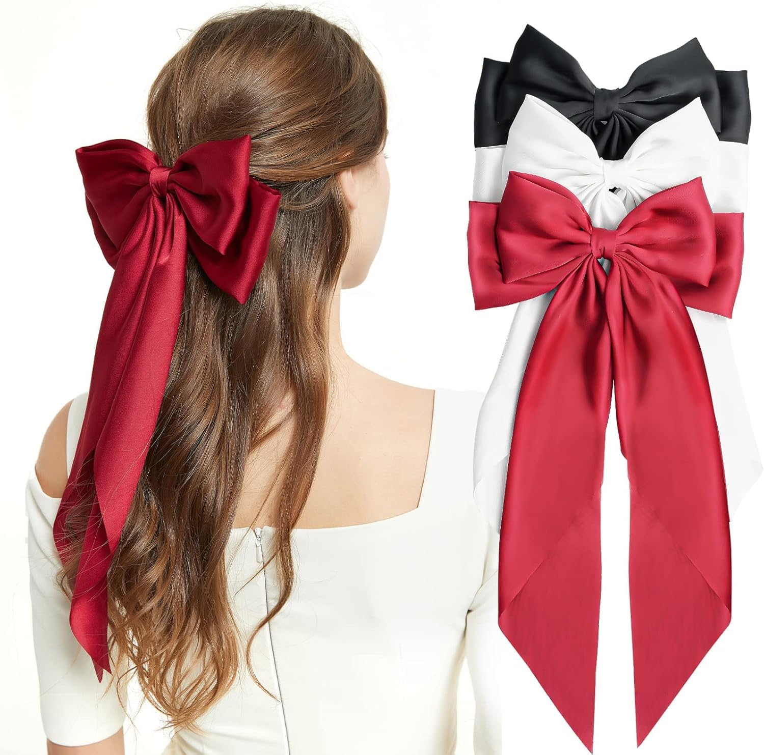 FDTY 3 Packs Hair Bows for Women Girls, Silky Satin Ribbon Barrettes Large Hair Bow Clips Scarf French Bowknot Soft Long Tails Metal Clips Hair Pins for Ponytail Bun Hair -Black/White/Red