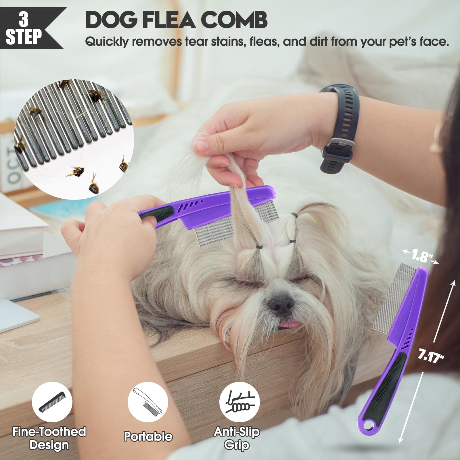 Bonteck Kit de aseo para perros, 4 piezas, cepillo para perros, cepillo largo para desenredar, cepillo de baño para perros, peine para pulgas, peine para perros, cepillo para pulgas, cepillo para