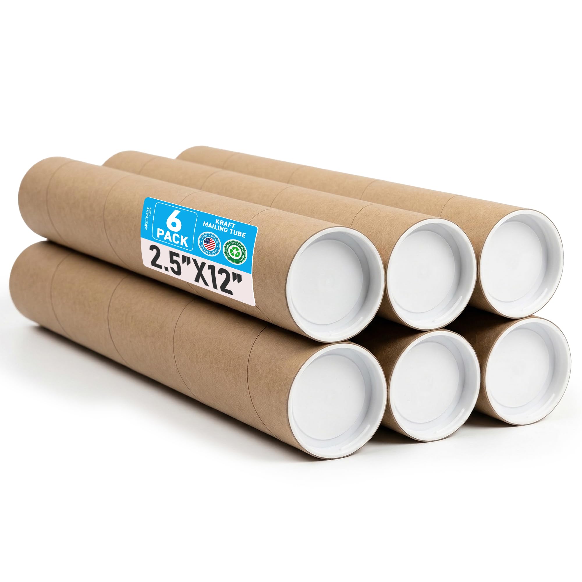 MagicWater Supply Mailing Tube - 2.5 in x 12 in - Kraft - 6 Pack - for Shipping and Storage of Posters, Arts, Crafts, and Documents