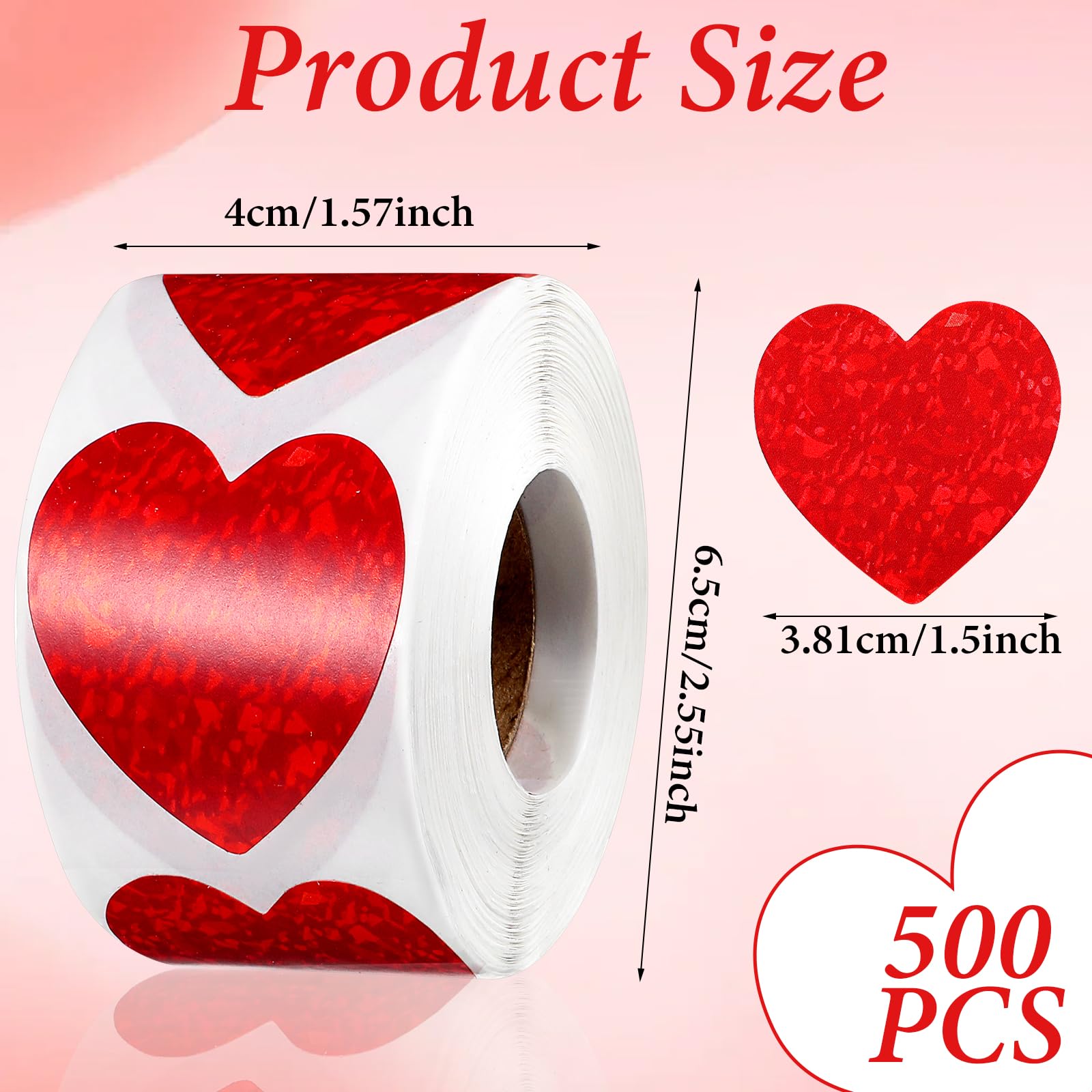 500 stuks rode hartplakstippen, glitter hart stickerrol, hartjes, rood
