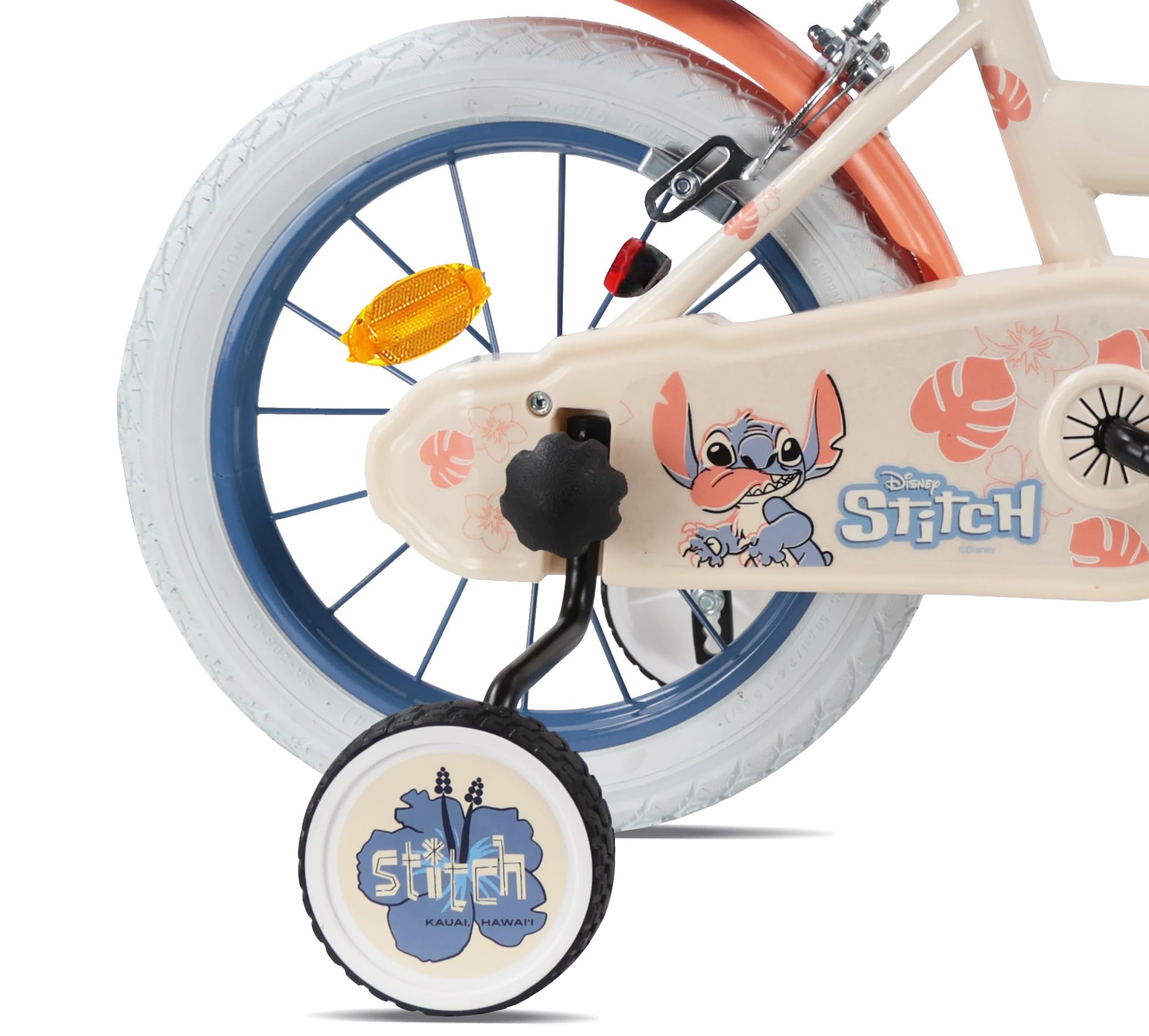 Disney Vélo 14'' Fille Licence Stitch de livré avec Son Casque - 2 Freins Caliper - Pneus Gonflables - Panier Avant - Porte-poupée arrière - Garde-Boue - 2 Stabilisateurs