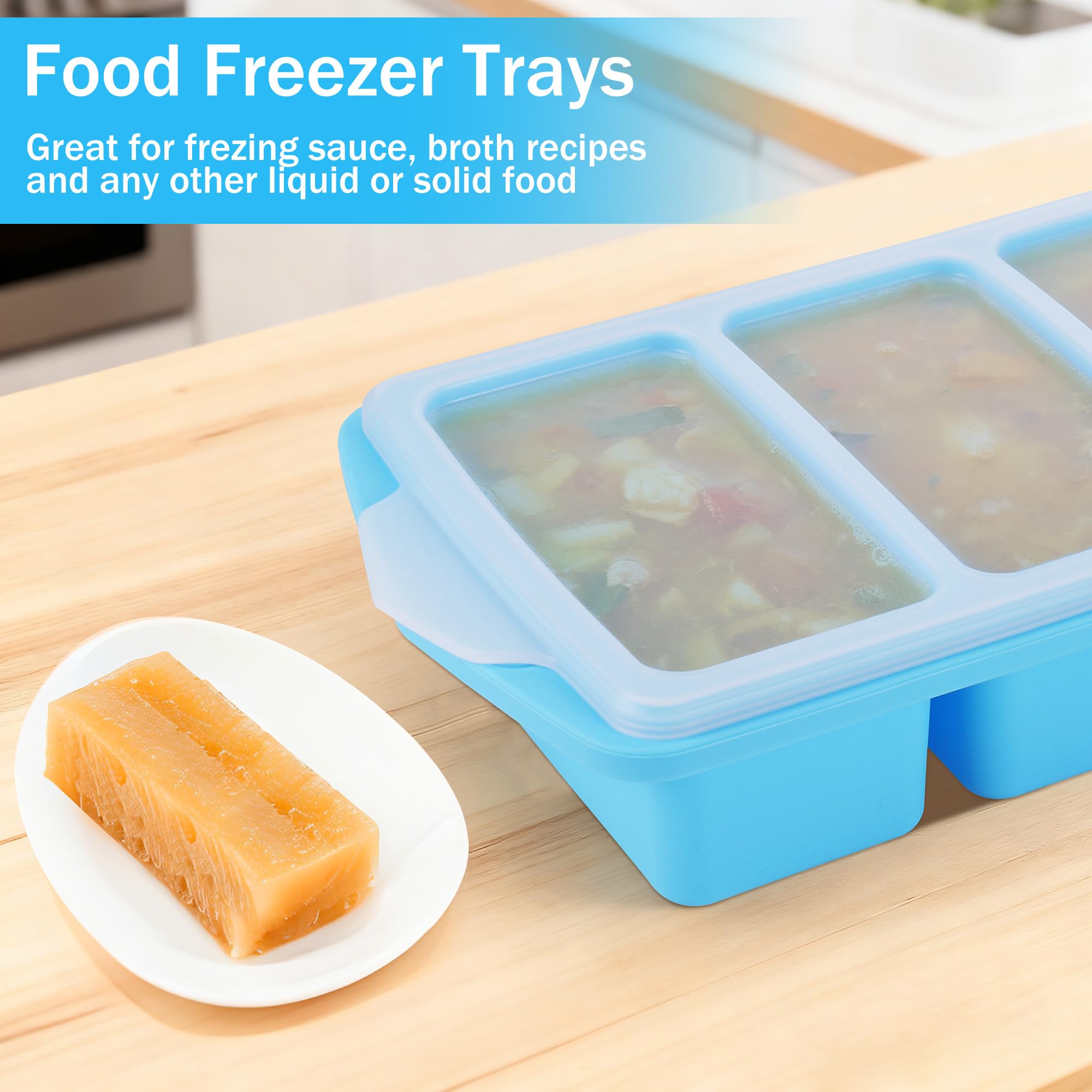 2 Pezzi Vassoio in Silicone Extra Large, Contenitori per Zuppe da Conservare in Freezer, Salse e Preparazioni Alimentari, 1 Tazza/250 ml, Azzurro Cielo (2, Rettangolare)