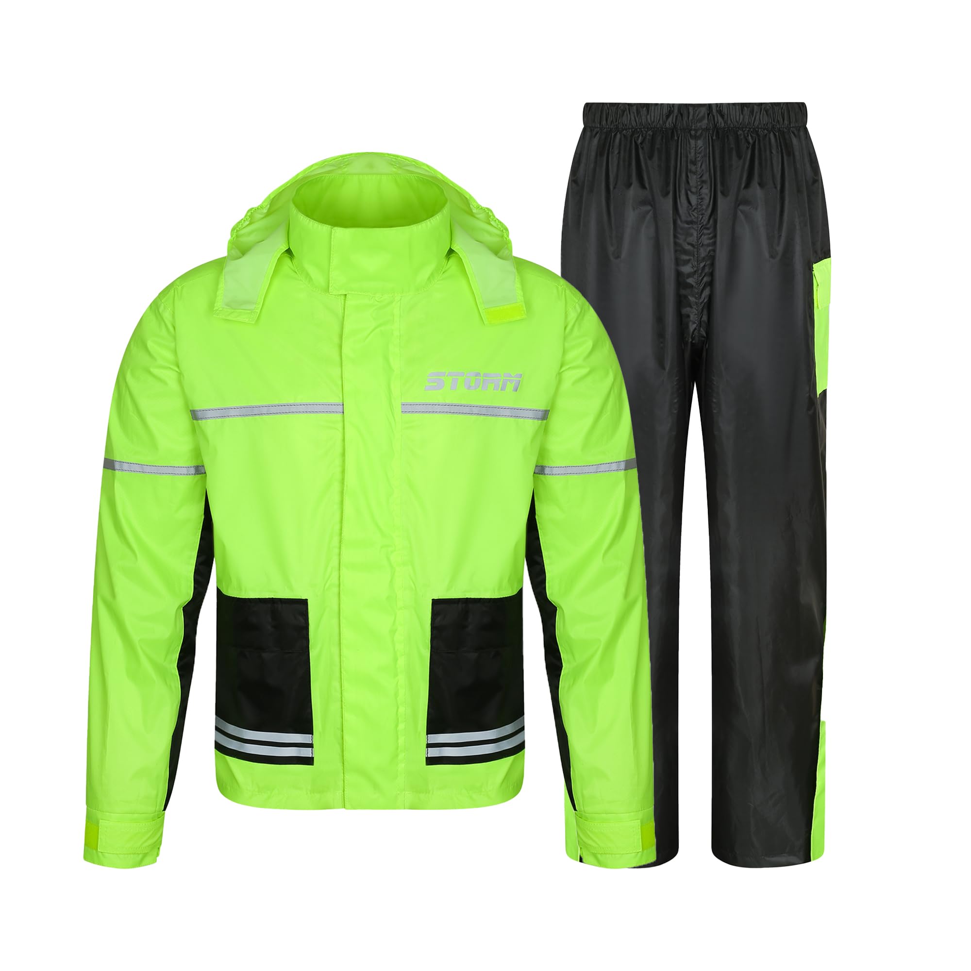 STORM Tuta Antipioggia Impermeabile 2 Pezzi con Inserti Elasticizzati, Giacca + Pantaloni Abbinati ad Alta Visibilità Yellow Fluo, Antivento con Cappuccio a Scomparsa (Giallo/Fluorescente, Small)