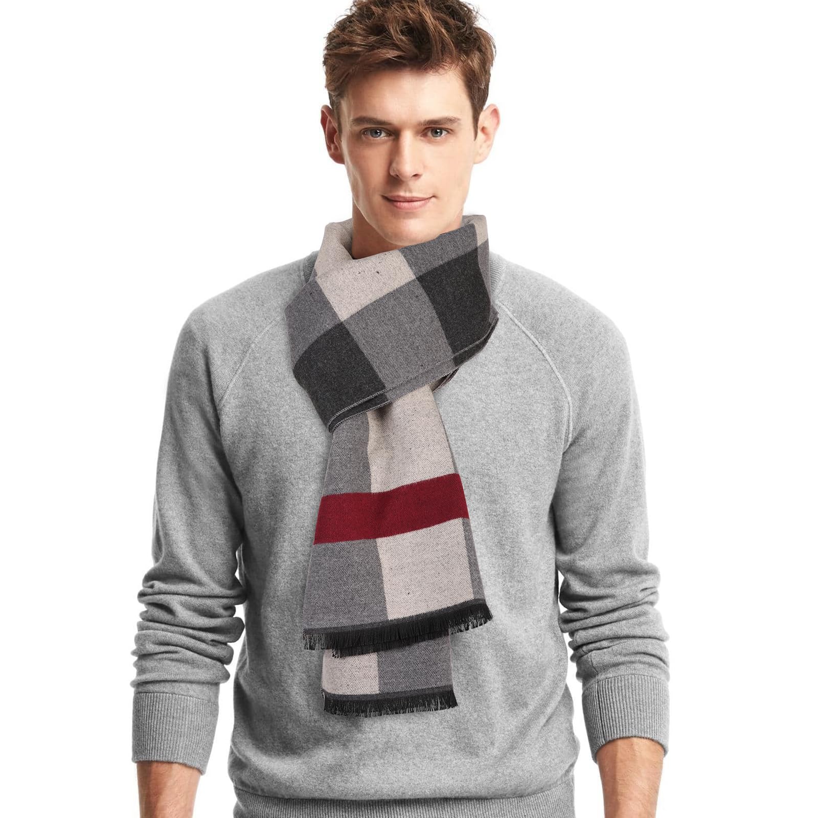 Minicoco Men's Winter Soft Cashmere Scarf - Tassel, Warm, Thick, Wool, Stripe Plaid Tartan (Ash-Colored)